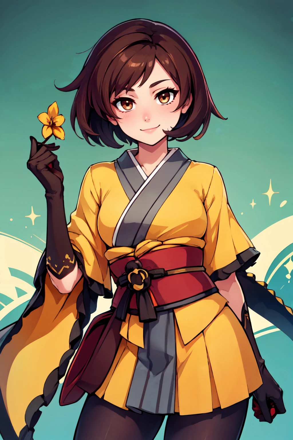 ((masterpiece,best quality)), absurdres,  BREAK, , <lora:GloriaChiori:0.8>,   zzgloriachiori, brown eyes, brown hair, bob cut, asymmetrical hair, japanese clothes, yellow kimono, black gloves,  tam o' shanter, BREAK, hip to the side, contrapposto,, BREAK, solo, smile, looking at viewer, cowboy shot,