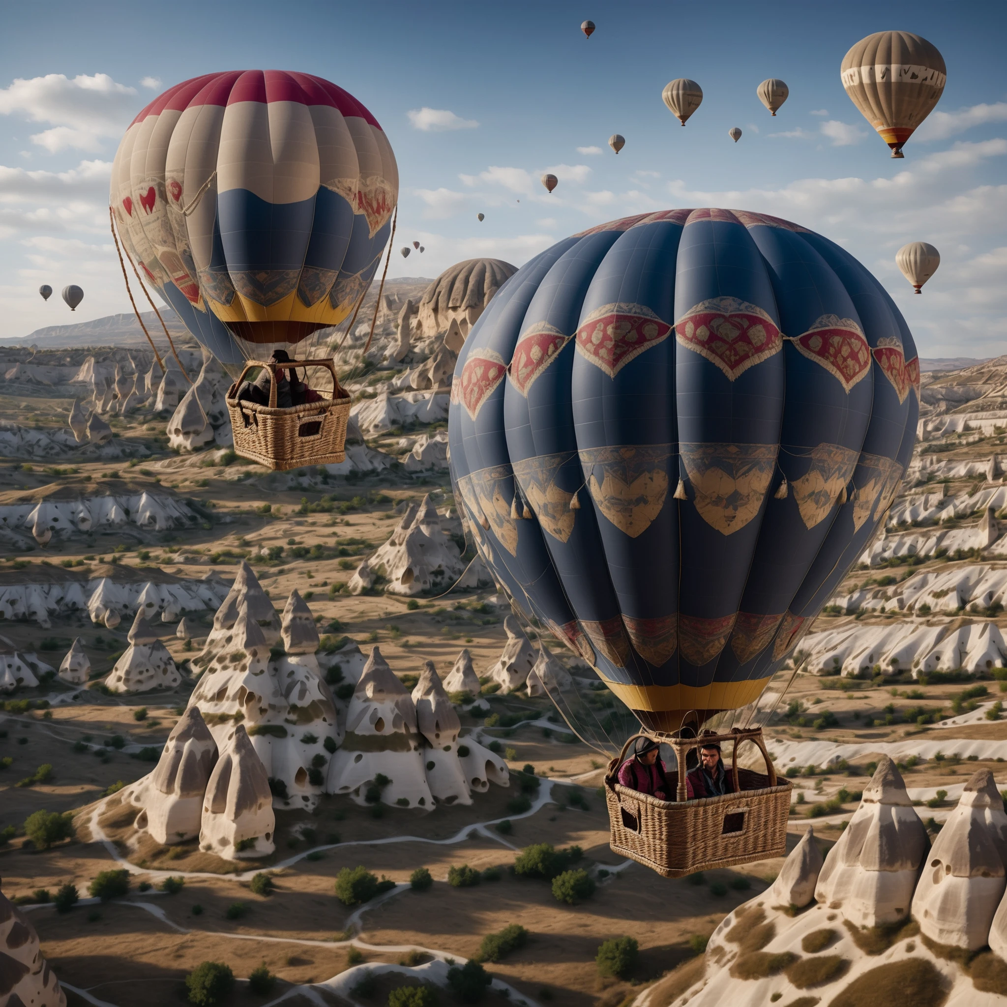 realistic image of a Cappadocia hot air balloon from 2024, with a highly detailed focus on the texture of the fabric, the ropes, and the basket.