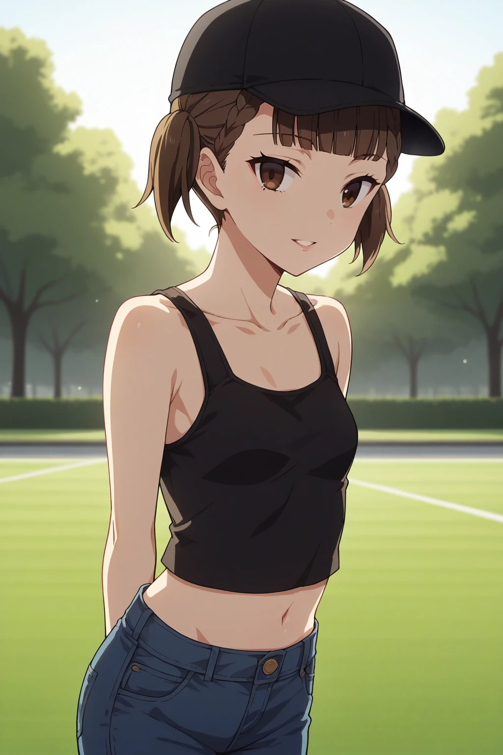 score_9, score_8_up, score_7_up, source_anime, 1girl, prefect lighting, very aesthetic, intricate details, highly detailed background, masterpiece, high quality, prefect hands, best quality, solo,
<lora:Maki_Shijou_Kaguya-sama_Love_Is_War_V1:.85>, KJOmaki, brown hair, brown eyes, blunt bangs, short twintails,
jeans, tank top, bare shoulders, navel, black baseball cap,
from side, standing, leaning forward, arms behind back, seductive smile, parted lips, looking at viewer,
park, grass, trees, daytime,
(Beautiful, small Breasts:1.2), natural breasts,