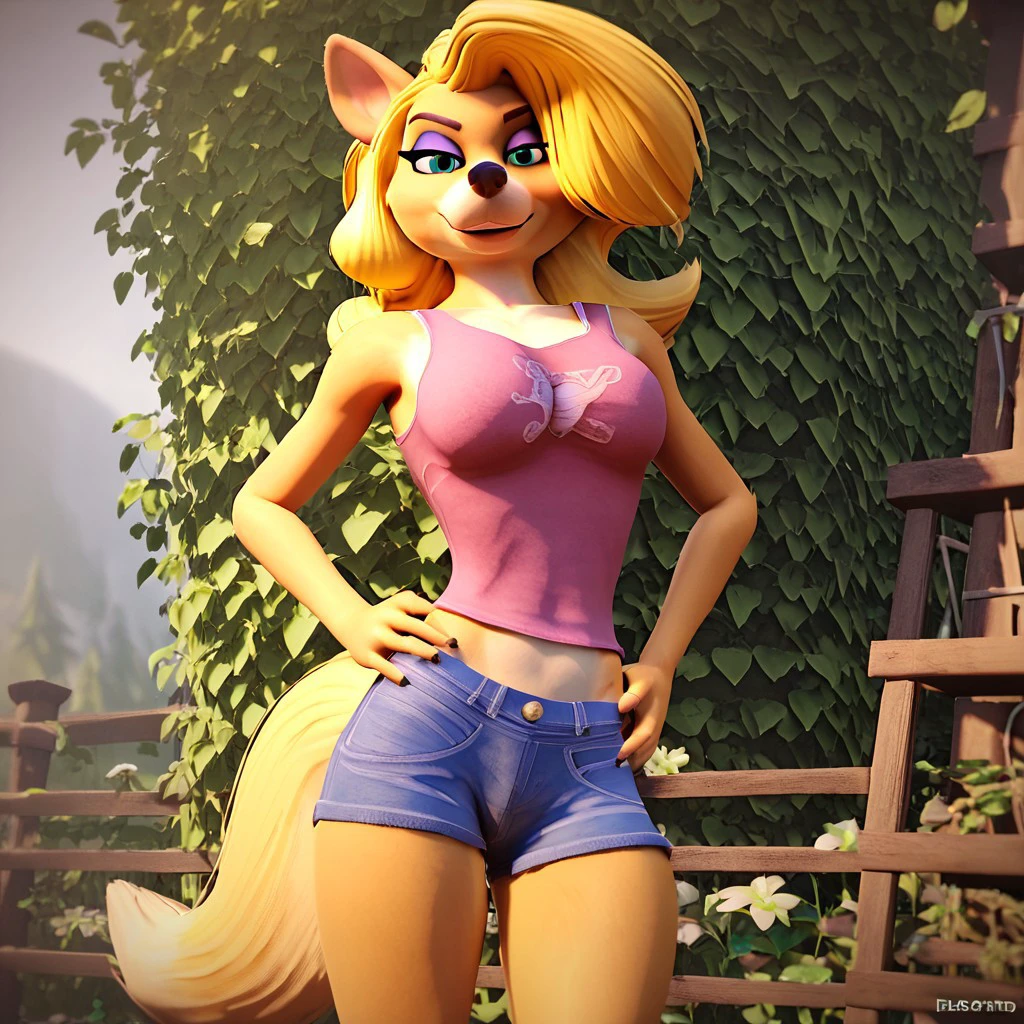 masterpiece, beautiful, best quality, high res, detailed forest background, denim shorts, white crop top, peace sign, midriff, detailed tummy, looking at viewer, happy expression, white teeth with cute fang, blonde hair with curly ponytail, flower in hair, green eyes, pink eye shadow, short eyelashes, bandicoot, bandicoot snout, black nose, bandicoot ears, sfw, two colored fur orange and yellow