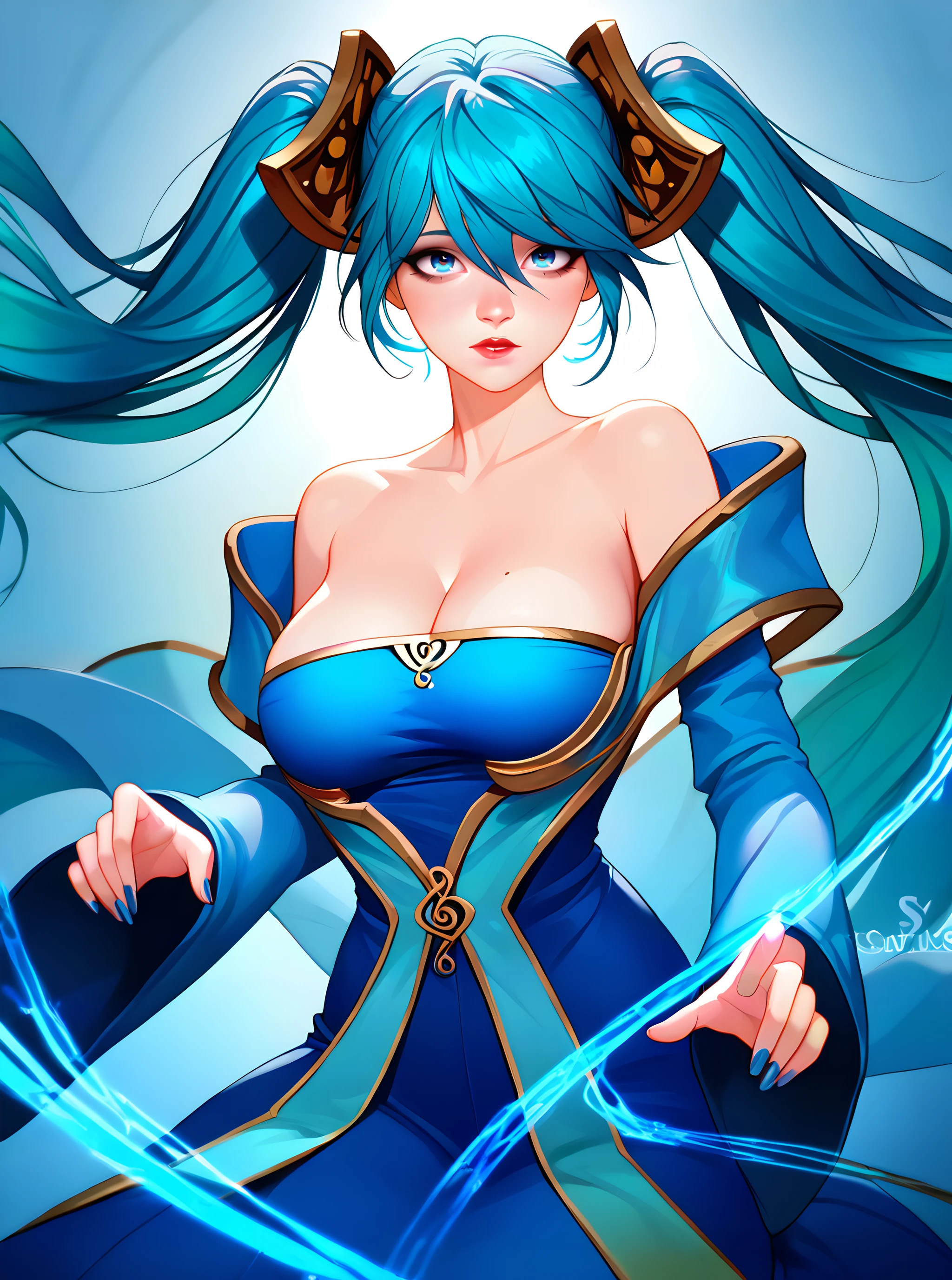 s0na, sona, 1girl, long hair, blue eyes, hair between eyes, blue hair, aqua hair, twintails, hair ornament, large breasts, dress, cleavage, bare shoulders, collarbone, detached sleeves, blue dress, nail polish, blue nails, score_9, score_8, score_7, source_anime, zPDXL, <lora:arcan3styl3v1PonySDXL:0.35>, arcan3styl3v1, <lora:4rc4n3XLP:0.51>, 4rc4n3, <lora:Sona_Default_Pony_v1:0.9>, dramatic light