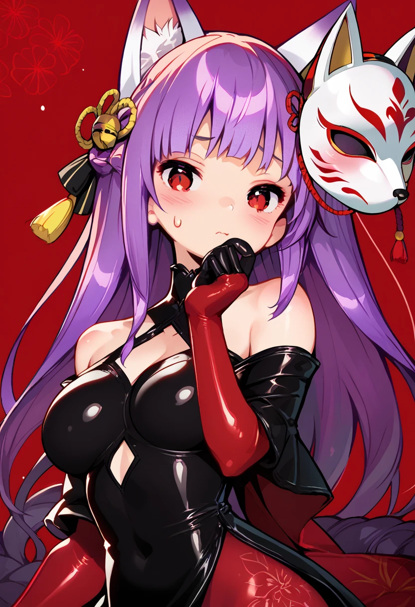 score_9, score_7_up, 1girl, holding mask, unworn mask, long hair, fox mask, red eyes, medium breasts, blush, looking at viewer, off-shoulder dress, sweatdrop, hair ornament, red bodysuit, red background, black gloves, closed mouth, floral print, off shoulder, red pantyhose, purple hair, braid, black dress, latex, shiny clothes, elbow gloves   <lora:Gyokai-000045:1>