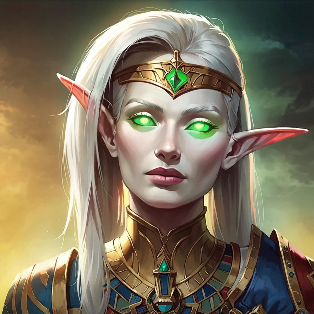 score_9, score_8_up, score_8, (masterpiece, best quality, highly detailed, realistic), source_western, 2.5d, screencap, profile portrait of nefertiti as a blood elf, long bushy white hair, (Pale skin:1.5), looking at the viewer, wearing armor, close up, pointy ears, colored sclera, green eyes, glowing eyes, no eyes, no pupils,
<lora:Nefertiti_Pony2:.7> img