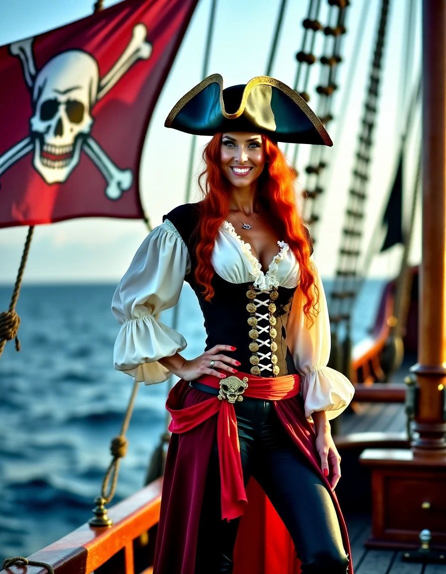 a pirate queen is standing on the prow of her pirate ship and looking at the viewer with one hand on her hip and her body cocked slightly to the side, she has a sexy and inviting smile, she is wearing traditional pirate clothes and a traditional pirate three-cornered-hat, she has long red hair that is untied, there is a pirate flag in the 'skull and bones' style, <lora:The_Deep_Dark_Ocean-SD1.5PonySDXLFlux:0.5>, deepdarkocean, best quality, masterpiece, 4k, perfect lighting, very aesthetic, detailed, very detailed