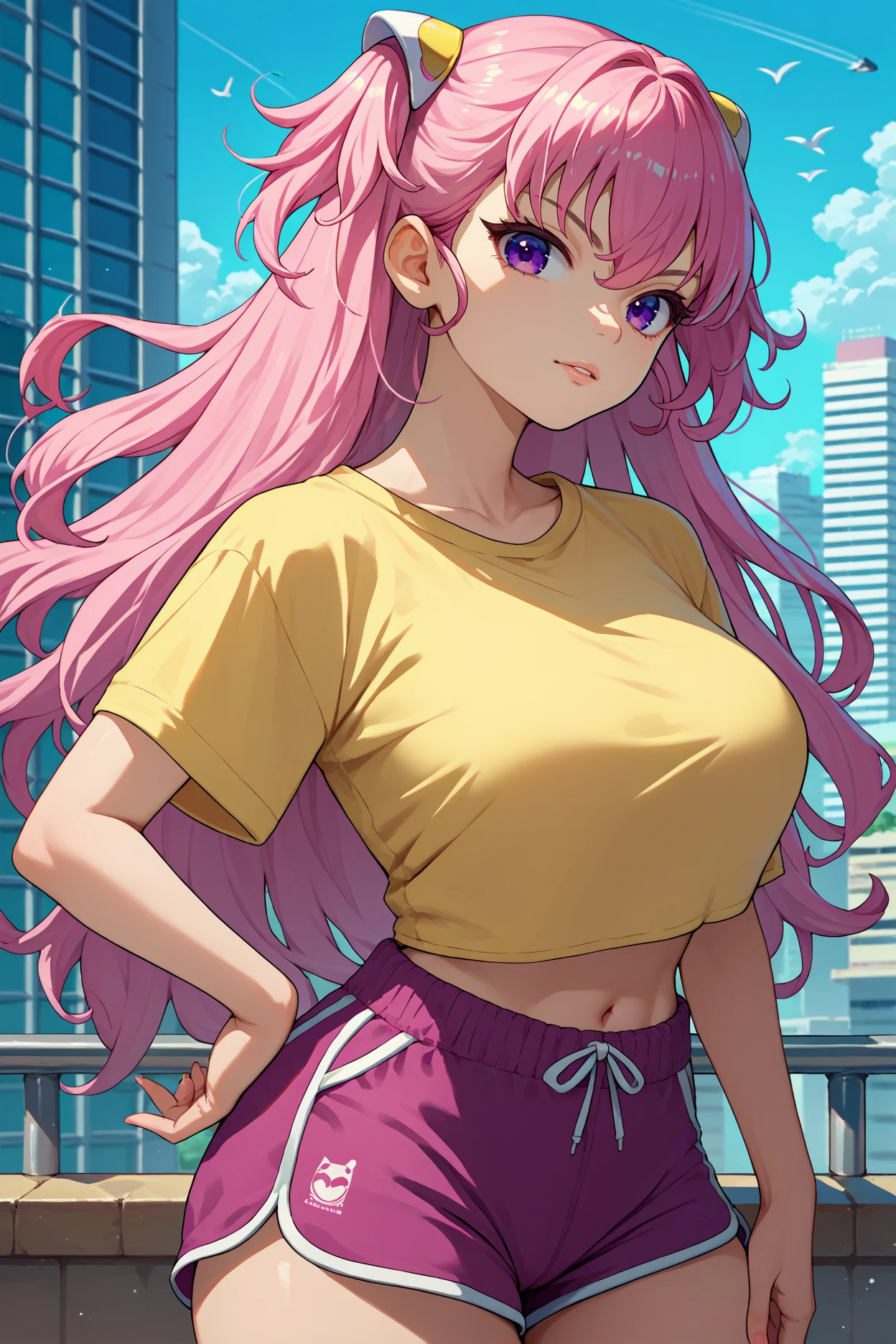 score_9, score_8_up, score_7_up, score_6_up, source_anime, 1girl, solo <lora:charlottescherzen-pdxl-nvwls-v1-000005:1> csch, pink hair, two side up, long hair, purple eyes, large breasts, yellow t-shirt, dolphin shorts, looking at you, hand on hip, city, blue sky