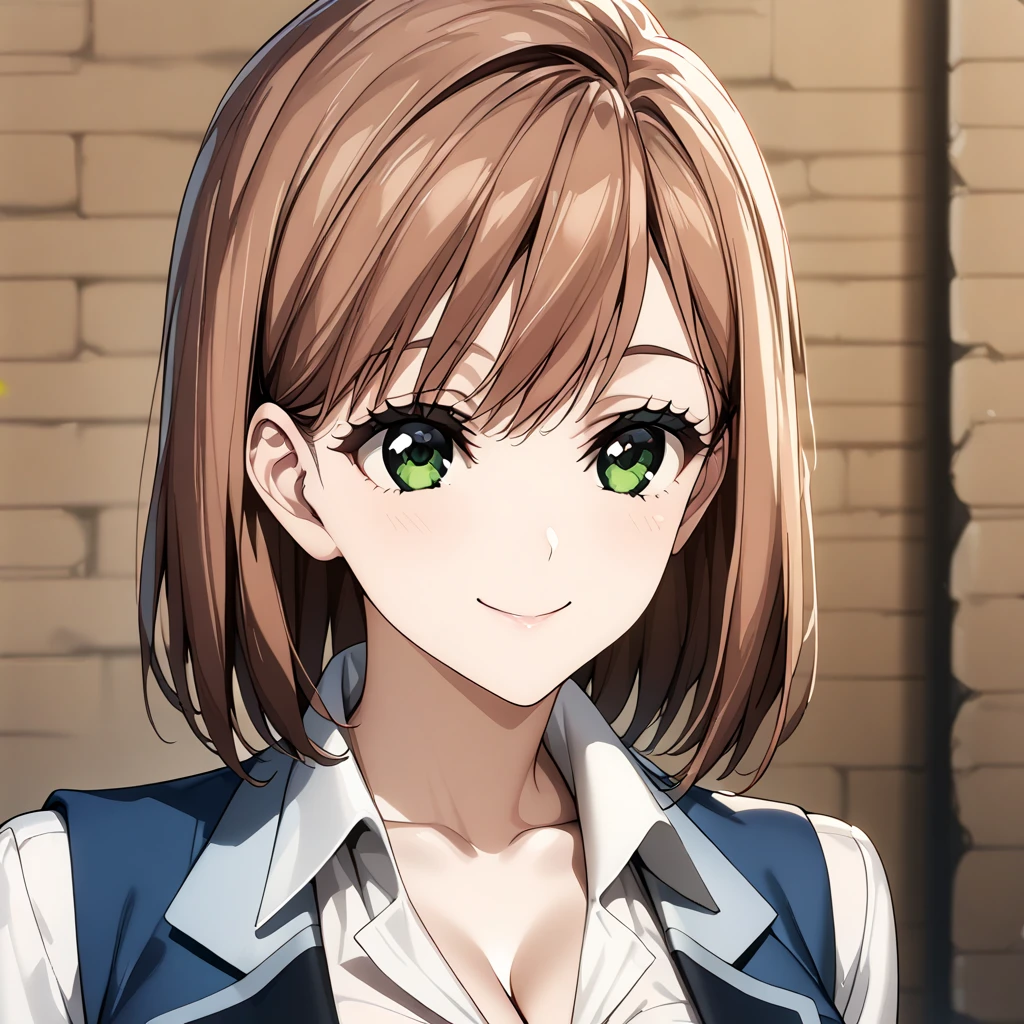 alisa_granger, short hair, brown hair, green eyes, bangs, breasts, white collar shirt, blue vest, cleavage, portrait, close up, smile <lora:Alisa_Granger:1>, (masterpiece),(best quality),(ultra-detailed),(best illustration),(best shadow),(absurdres),(detailed background),(very aesthetic),