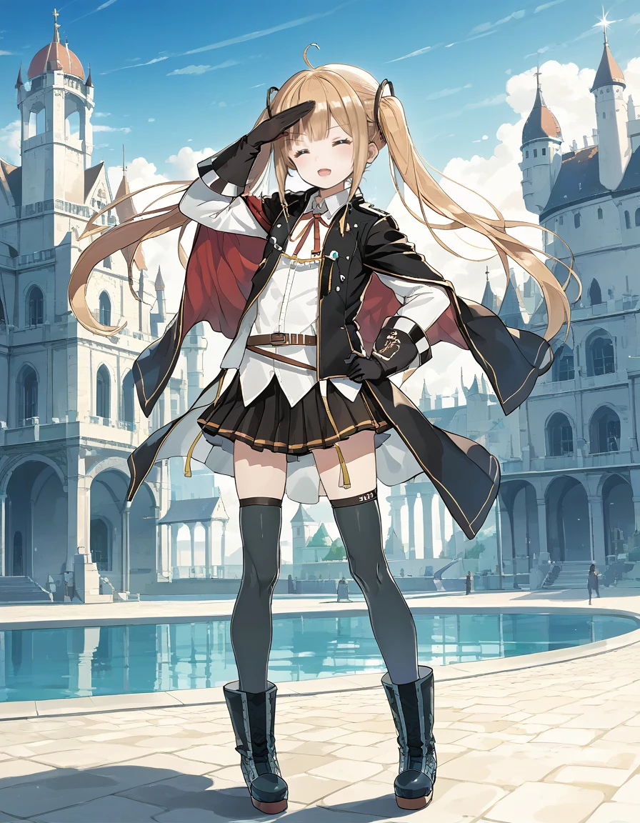 <lora:AzlaAmazon_SDXL_pony_fp16_ver07_168:1>,1girl,solo, AzlaAmazon,blue eyes,blonde hair,twintail,pleated skirt,black thighhighs, gloves,shirt,neck ribbon,military uniform,cape,long sleeves,hair ornament,boots, salute,arm up,closed eyes,standing, looking at viewer, castle,, score_9, score_8_up, score_7_up, BREAK source_anime, rating_questionable, best quality, masterpiece, uncensored,<lora:pony_good_hands:1>,good_hands ,[pony diffusion V6 is trained by PurpleSmartAI:100]