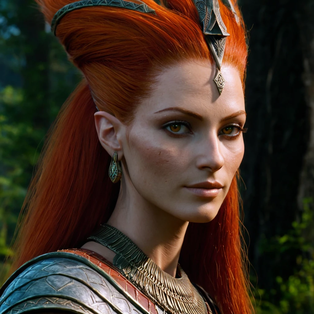 score_9, score_8_up, score_8, (masterpiece, best quality, highly detailed, realistic), source_western, 2.5d, screencap, 1girl, profile portrait of nefertiti as a high elf, long bushy red hair, (Pale skin:1.5), looking at the viewer, wearing tribal clothing made of skins and fur, close up, long pointed ears, orange  eyes, forest background
<lora:Nefertiti SDXL:.4>