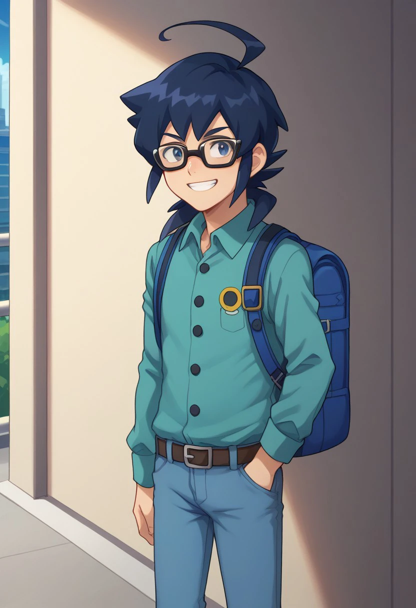 score_9, score_8_up, score_7_up, source_anime, highly detailed,
oozora, backpack, 1boy, male focus, opaque glasses, bag, solo, pants, shirt, glasses, blue hair, ahoge, belt, smile, standing, collared shirt, buttons,  closed mouth, blue pants, long sleeves, upper body, grin,
indoor,