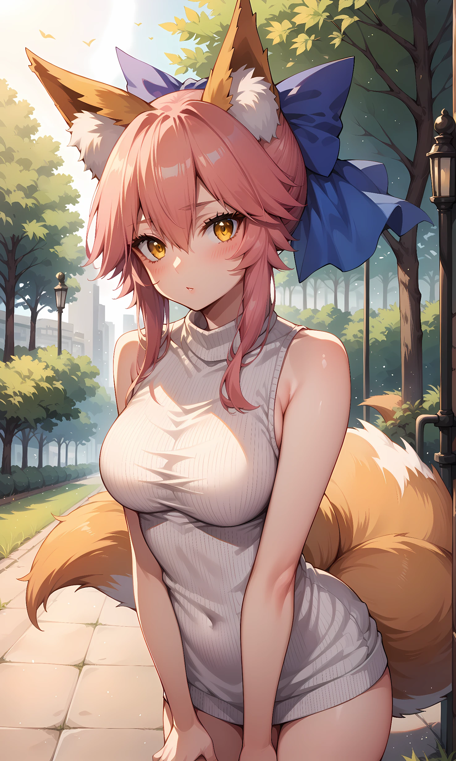 score_9, score_8_up, score_7_up, BREAK source_anime, 1girl, solo, outdoors, park, nature, cowboy shot, standing, looking at viewer, tamamo, pink hair, hair between eyes, sidelocks, short twintails, yellow eyes, animal ears, fox ears, fox tail, blue bow, large bow, hair bow, ribbed sweater, sweater dress, turtleneck, sleeveless, blush