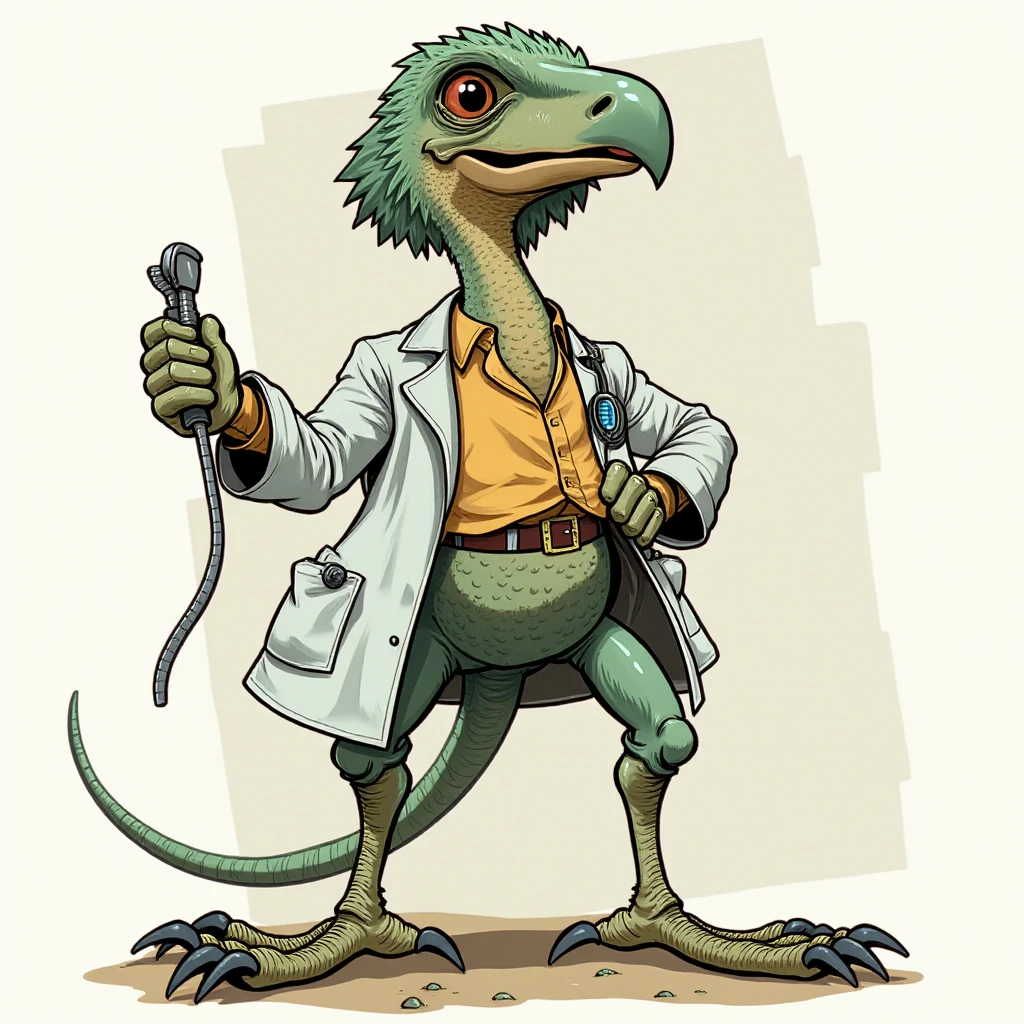 <lora:Mission_Hill:1>raptor scientist, holding a lab_coat,