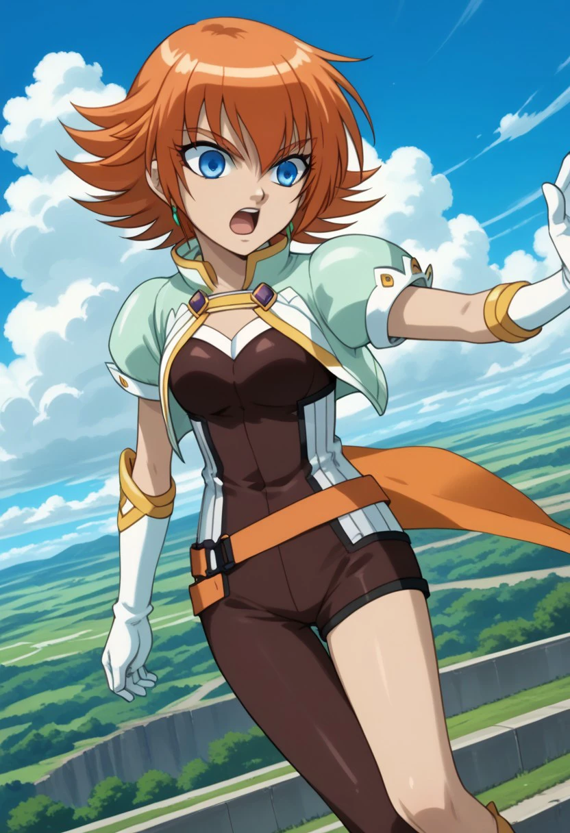 score 9, score 8 up, score 7 up, bakugan, bakugan new vestroia, mira clay, 1girl, solo, blue eyes, gloves, orange hair, cloud, short hair,single stocking, sky, day, open mouth