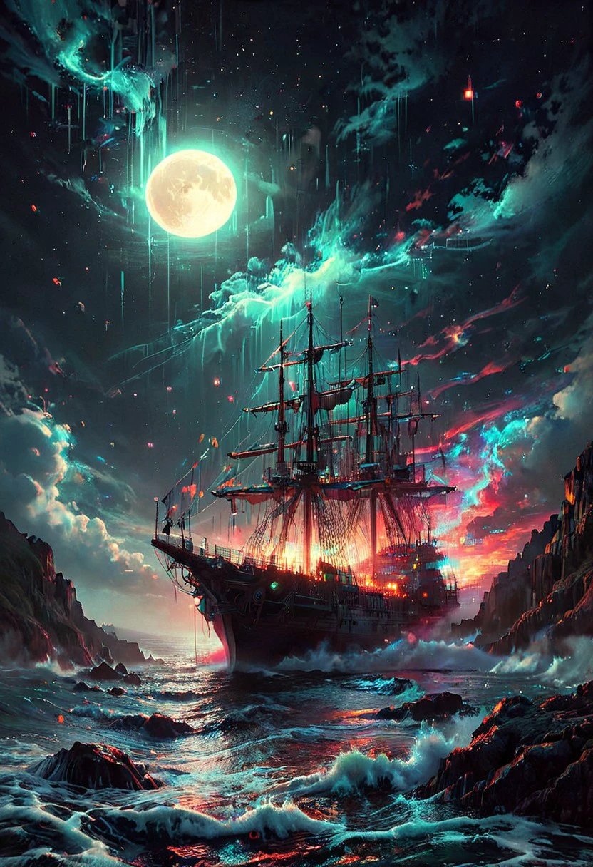 glitchstyle, glitch, flickering, digital, glitch style, Under the eerie glow of a full moon, a dark and ominous landscape unfolds. A vibrant, colorful ship stands by the edge of a serene ocean, its vivid hues contrasting starkly with the foreboding atmosphere. In the background, a lighthouse stands atop jagged rocks, its light cutting through the darkness and reflecting off the ocean's surface, glistening in the moonlight. Thick, swirling clouds loom overhead, adding to the sense of an evil presence. The moonlight filters through the clouds, casting an otherworldly glow over the scene. A falling star streaks across the sky, adding a touch of mysticism to the night. The air is thick with a sense of ancient secrets and dark magic, as if the very night is alive with hidden power.  romantic impressionism,dream scenery art,beautiful oil matte painting,romantic,style of thomas kinkade,beautiful digital painting,anime landscape,romantic painting,dreamlike digital painting,colorful painting,beautiful gorgeous digital art,style of greg rutkowski,janek sedlar,jenny saville