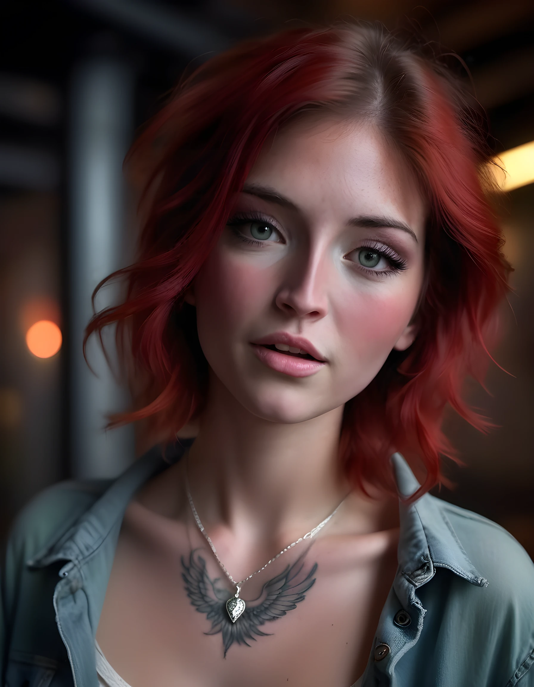 In a grunge-influenced, dimly-lit underground club in the heart of Seattle, the camera focuses sharply on Z03N3L1's face, capturing a striking portrait. With her brown hair cascading down her back and red highlights accentuating her angular features, she wears a faded denim shirt adorned with a vibrant tattoo of an ethereal phoenix that spreads across her shoulder and down her arm. Her green eyes are closed as if lost in the rhythm of the music, her lips curled into a soft smile revealing freckles scattered across her nose. A delicate silver necklace hangs around her neck, catching the occasional light that manages to pierce through the smoky haze, casting intricate shadows that dance upon her face. Her skin glows softly under the dim lights, emphasizing the youthful beauty of this enigmatic woman who seems to embody both the raw intensity and ethereal grace of the city that surrounds her.