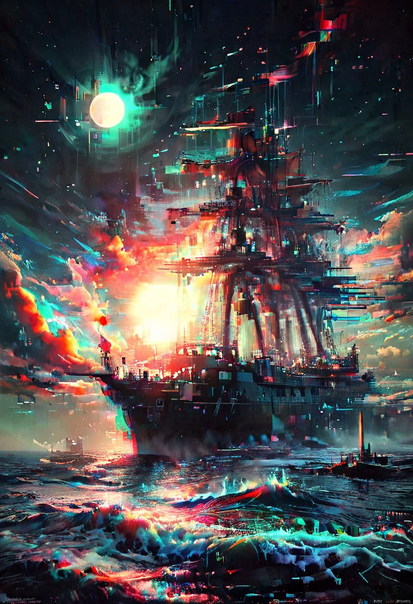 glitchstyle, glitch, flickering, digital, glitch style, Under the eerie glow of a full moon, a dark and ominous landscape unfolds. A vibrant, colorful ship stands by the edge of a serene ocean, its vivid hues contrasting starkly with the foreboding atmosphere. In the background, a lighthouse stands atop jagged rocks, its light cutting through the darkness and reflecting off the ocean's surface, glistening in the moonlight. Thick, swirling clouds loom overhead, adding to the sense of an evil presence. The moonlight filters through the clouds, casting an otherworldly glow over the scene. A falling star streaks across the sky, adding a touch of mysticism to the night. The air is thick with a sense of ancient secrets and dark magic, as if the very night is alive with hidden power.  romantic impressionism,dream scenery art,beautiful oil matte painting,romantic,style of thomas kinkade,beautiful digital painting,anime landscape,romantic painting,dreamlike digital painting,colorful painting,beautiful gorgeous digital art,style of greg rutkowski,janek sedlar,jenny saville