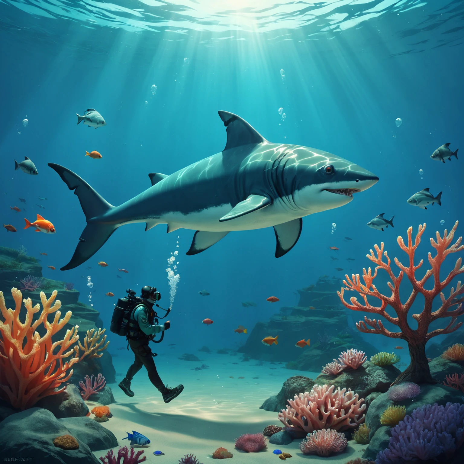 underwater, 1boy, scuba diver, scuba gear, sharks, coral, sand, fish, <lora:The_Deep_Dark_Ocean-SD1.5PonySDXLFlux:0.5>, deepdarkocean, BREAK score_9, score_8_up, score_7_up, best quality, masterpiece, 4k, prefect lighting, very aesthetic, zPDXL2