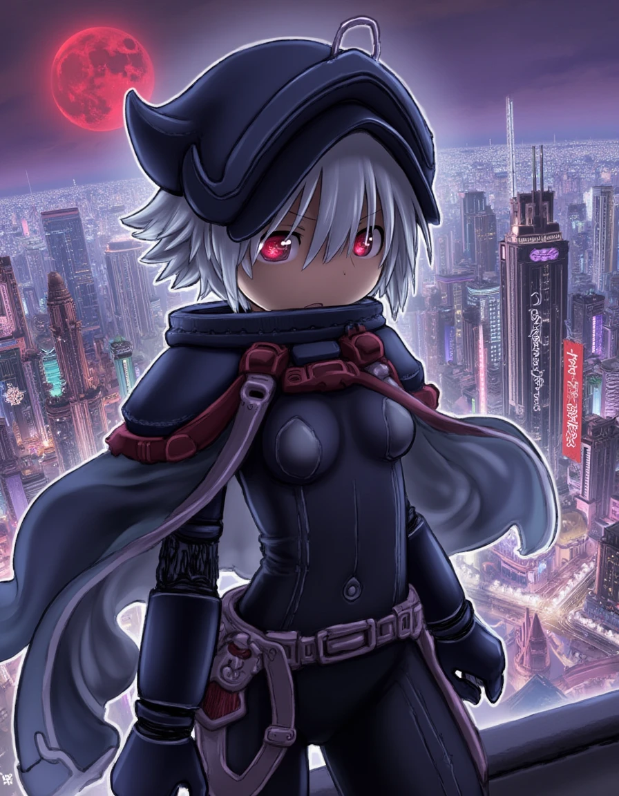 a futuristic female vigilante with short, flowing silver hair with long bangs, standing atop a skyscraper in a bustling cyberpunk city. She is dressed in a black, armored suit with red accents, featuring numerous straps and a hood with pointed tips. Her glowing red eyes are visible through a sleek black mask made of ornament alloy. The background reveals a sprawling cityscape with neon lights, holographic advertisements, and towering buildings, with the crimson moon hanging low in the sky, casting an ominous glow over the scene. <lora:MadeInAbyssStyleLoraFlux:1> mad31nabyss