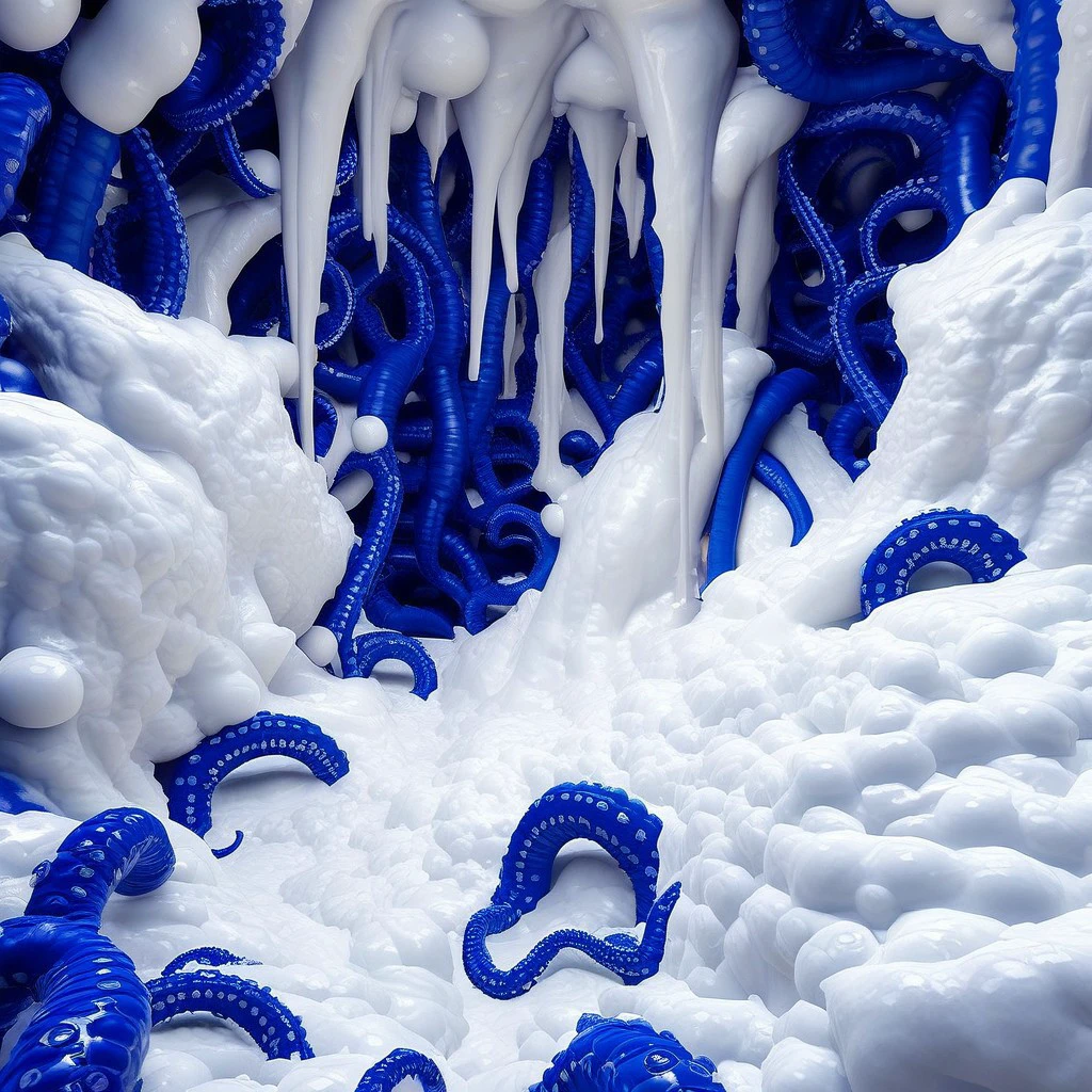 "Close view. A picture of a place filled with intense royal blue fat plump tentacles with pallus-like ends like alien plants which meanders through a big hill of thick white slime. The intense royal blue fat plump tentacles with pallus-like ends are thick and crowl into every edge of the image and burst out thick white slime. There is nothing but intense royal blue fat plump tentacles with pallus-like ends and white thick slime. intense royal blue fat plump tentacles are coming from the ceiling, too. The thick white slime is wild with waves and thick bubbles. Big white slime waves like a tsunami. Big white slime bubbles are floating in the air. The intense royal blue fat plump tentacles are extreme thick and huge. The white slime looks like a white bubblebath. Some tentacle spit white slime out like a hose. Thick white slime makes big bulges and hills on the floor. Streams of thick creamy white slime are falling from the ceiling. Big splatters of thick white slime. The white mucus bubbles and bulges upwards.", bluetentws, (blender style), 3D, masterpiece