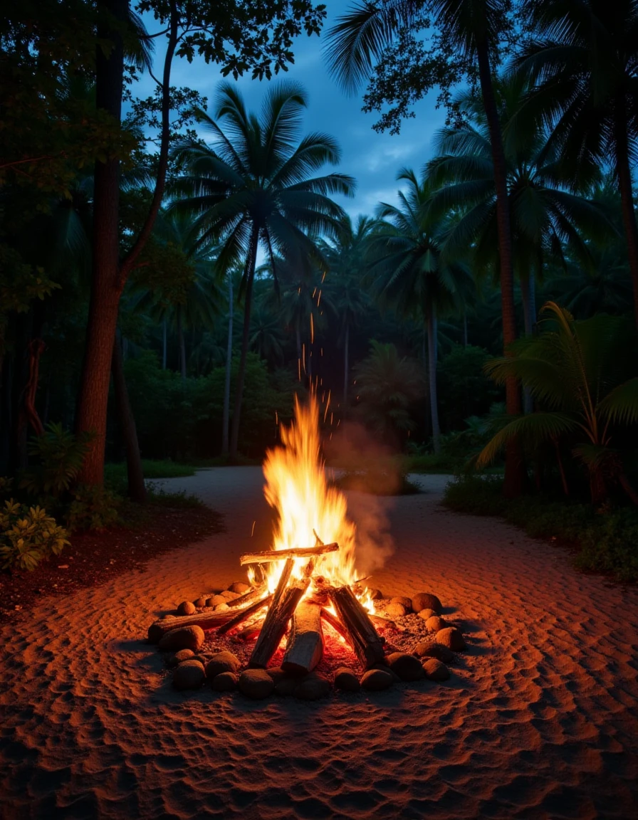 <lora:Jungle_Beach_Style:1>jungle beach featuring a large bonfire