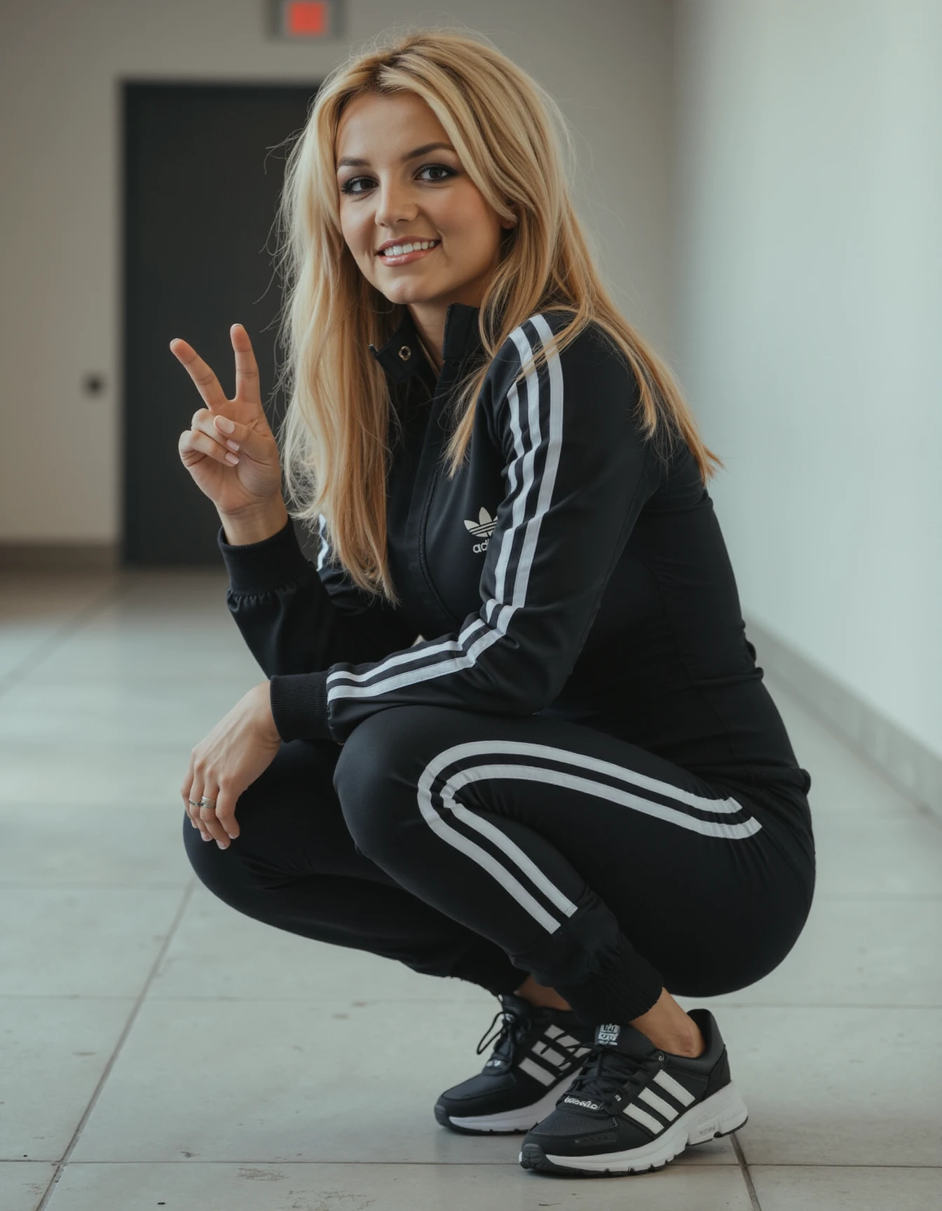 A professional photography of woman britney spears, wearing black adidas pants with three stripes, matching jacket and adidas sneakers. She is squatting in a hallway with ciment walls, she is posing for the camera making a peace sign with one hand. She has long blonde hair and have a smile on her face as she looks at the camera. <lora:britney_spears_flux_lora_v1:1>