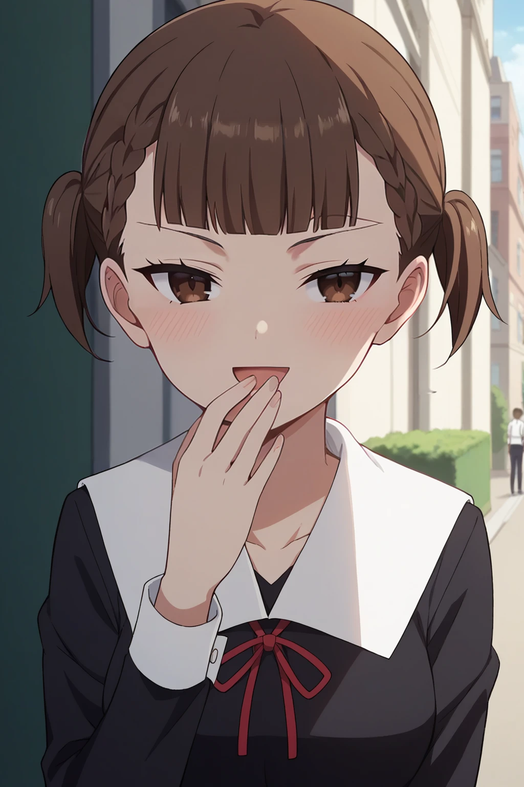 score_9, score_8_up, score_7_up, source_anime, 1girl, prefect lighting, very aesthetic, intricate details, highly detailed background, masterpiece, high quality, prefect hands, best quality, solo,
<lora:Maki_Shijou_Kaguya-sama_Love_Is_War_V1:.85>, KJOmaki, brown hair, brown eyes, blunt bangs, short twintails,
black school uniform,
smug, hand over mouth, open mouth, head tilt, blush,
sunny, street,
(Beautiful, medium Breasts:1.2), natural breasts,