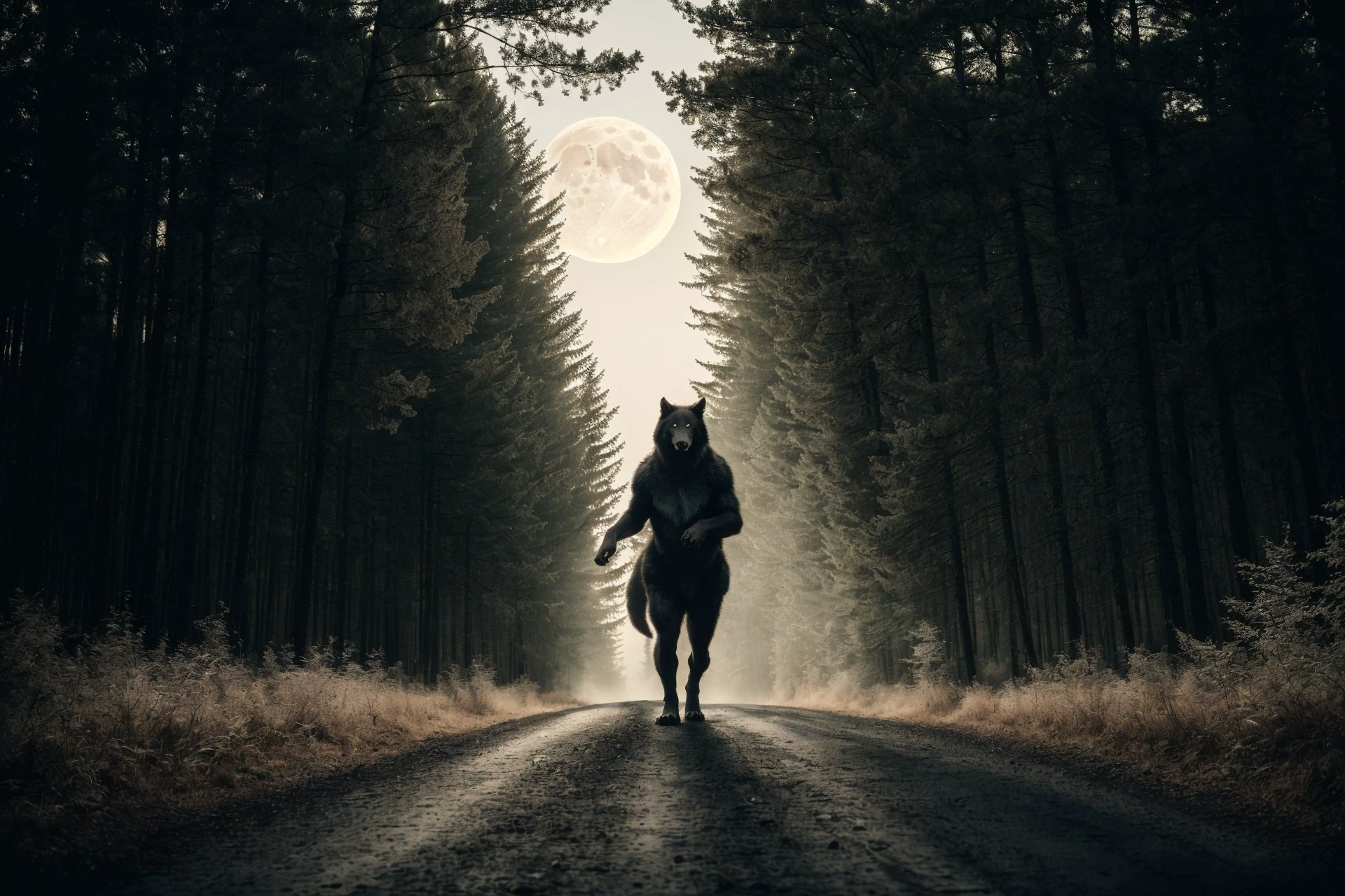 (8k, RAW photo, highest quality, best quality, masterpiece, ultra-detailed, hires, absurdres, sharp focus:1.2), (photorealistic, hyper-realistic:1.37) werewolf, night, moon, road, forest. fantasy