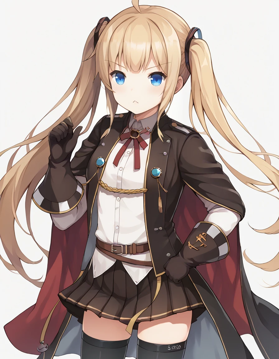 <lora:AzlaAmazon_SDXL_pony_fp16_ver07_168:1>,1girl,solo, AAzlaAmazon,1girl, blue eyes,blonde hair,twintail,pleated skirt,black thighhighs, gloves,shirt,neck ribbon,military uniform,cape,long sleeves,hair ornament, cat mouth, score_9, score_8_up, score_7_up, BREAK source_anime, rating_questionable, best quality, masterpiece, uncensored,<lora:pony_good_hands:1>,good_hands ,[pony diffusion V6 is trained by PurpleSmartAI:100]