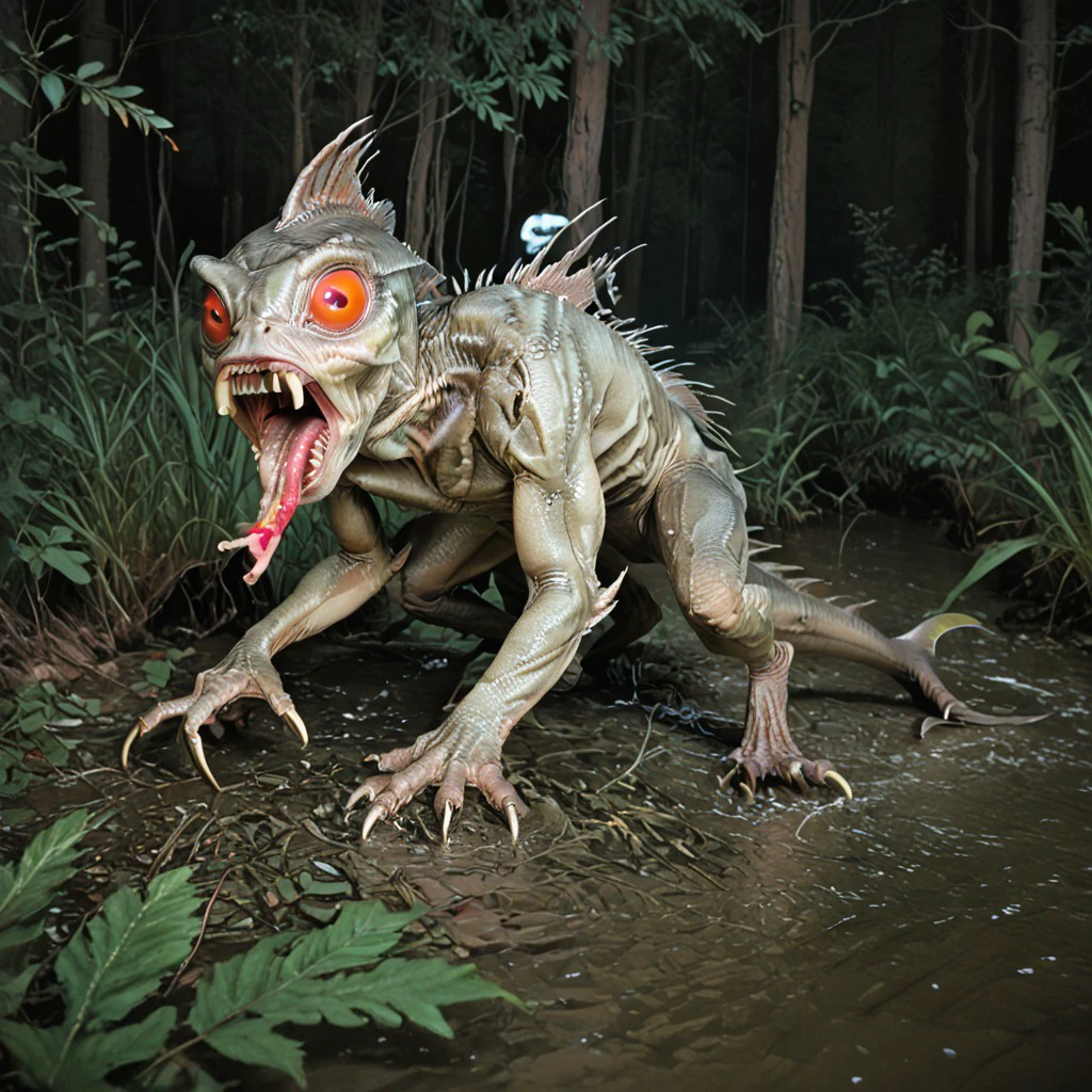 Score_7_up, score_8_up, full view, ((amatrflsh)), flash photo, amateur, hard light, hard shadow,
BREAK,
Chupacabra, Monster, quills on back, yelling, sharp teeth, long tongue,(marine:1.2), big red eyes, narrow pupils, claws, outdoors, forest, nighttime,