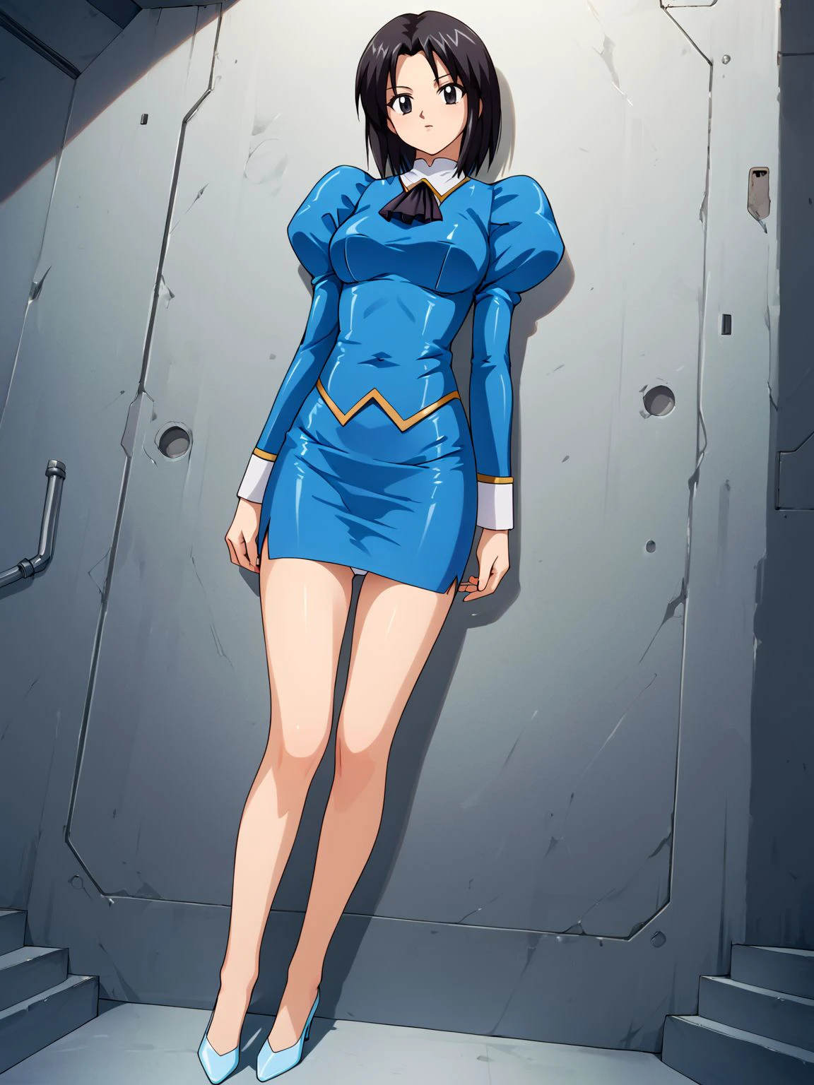 score_9,score_8_up,score_7_up,score_6_up,score_5_up,score_4_up,1girl,solo,breasts,medium breasts,<lora:Blue_delmo:0.9>,bluedelmo,juliet sleeves,skirt,pencil skirt,blue skirt,miniskirt,uniform,long sleeves,puffy sleeves,jacket,blue jacket,ascot,black ascot,pantyshot,panties,white panties,high heels,blue footwear,bare legs,black hair,medium hair,parted bangs,black eyes,1990s \(style\),standing,full body,indoors,(science fiction:1.1),