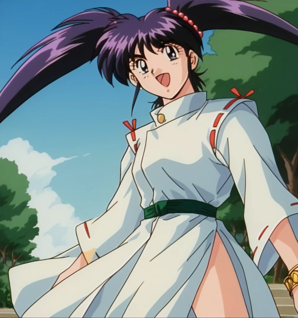 source_anime, retro, from below, close up, 1girl, solo, standing, crossed arms, Chery , dark purple hair, bangs, twintails, long hair, dark blue eyes, medium breast, jewelry, gold bracelet, red pearls hair tie, ribbon-trimmed sleeves, green belt, white long japanese clothes ,
japanese mountain, stairs, trees, outdoors, day time
confident smile, looking at viewer, nsfw, ecchi, uncesored