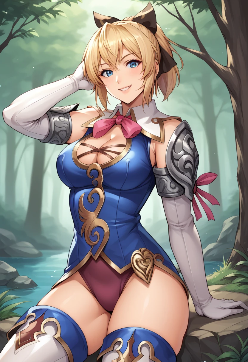 score_9, score_8_up, score_7_up, source_anime, BREAK <lora:SoulCaliburCassandra:1>,CassSC4, blonde hair, hair ribbon, blonde hair, blue leotard, cleavage, pauldrons, cross-laced clothes, white thigh boots, white elbow gloves, breasts, forest, smile, adjusting hair, looking at viewer, short ponytail