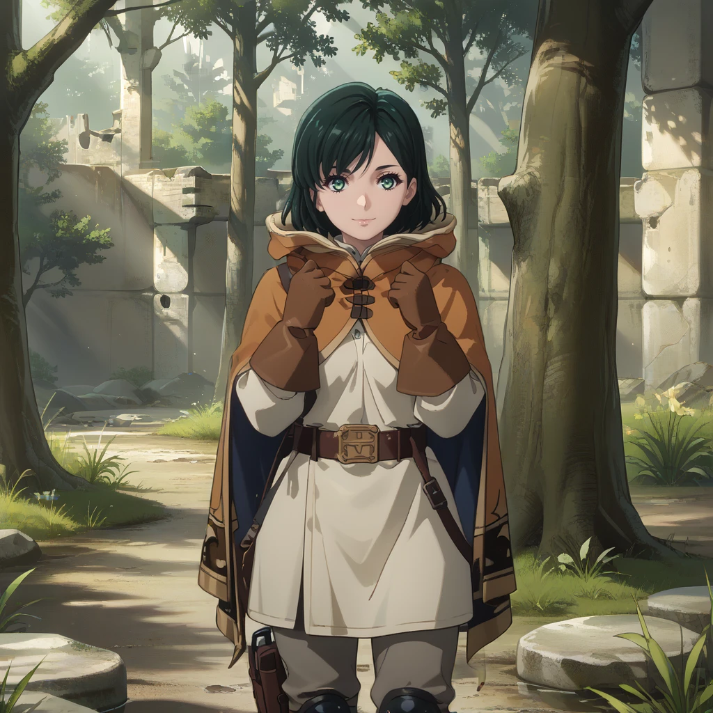 <lora:lily:1>,1girl,solo,lily (nier:automata),dark green hair,short hair,green eyes,brown hooded cloak,two-sided cloak,hood down,long sleeve white shirt,brown gloves,belt,grey pants,knee pads,thigh holster,
outdoors,forest,ruins,day,shadow,
cowboy shot,standing,against tree,hands up,paw pose,smile,closed mouth,looking at viewer,<lora:pony_good_hands:1>,good_hands,, score_9, score_8_up, score_7_up, perfect anatomy, source_anime, zPDXL2,