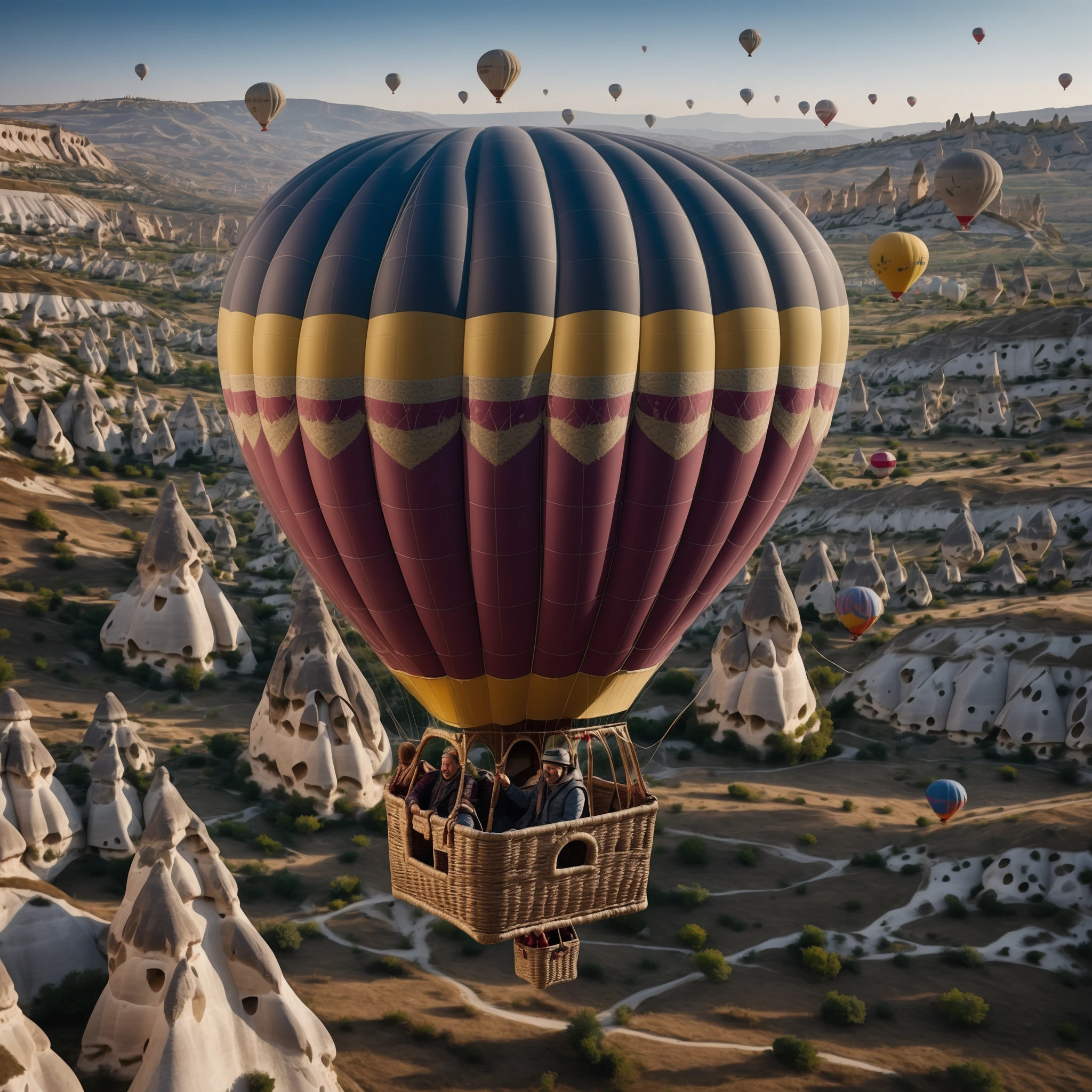 realistic image of a Cappadocia hot air balloon from 2024, with a highly detailed focus on the texture of the fabric, the ropes, and the basket.