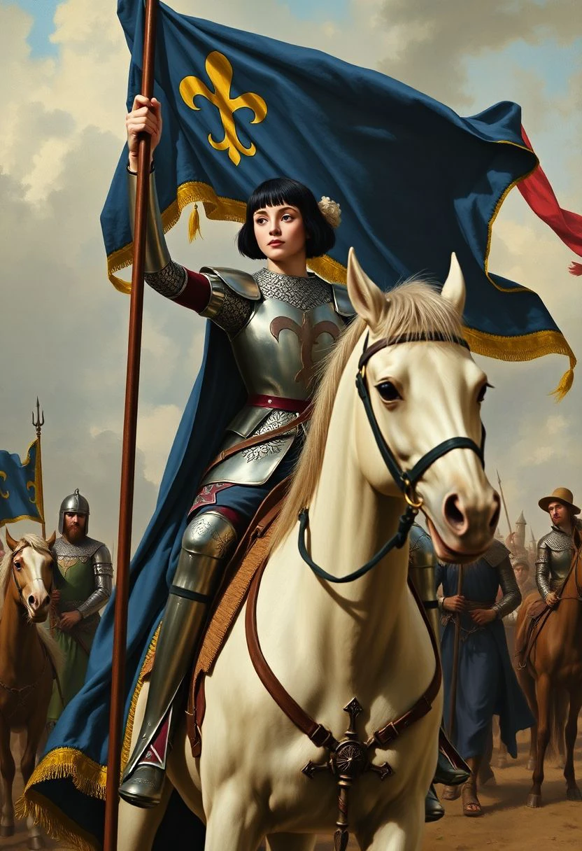 Masterpiece painting, dramatic angled-front view, , heroic painting of a beautiful girl on a medieval battlefield, short black hair, full-plate-mail armor, holding up a lance with a long and narrow blue and gold banner with hundreds of embroidered fleur-de-lis, defiance of an enemy, sitting on a large white steed,