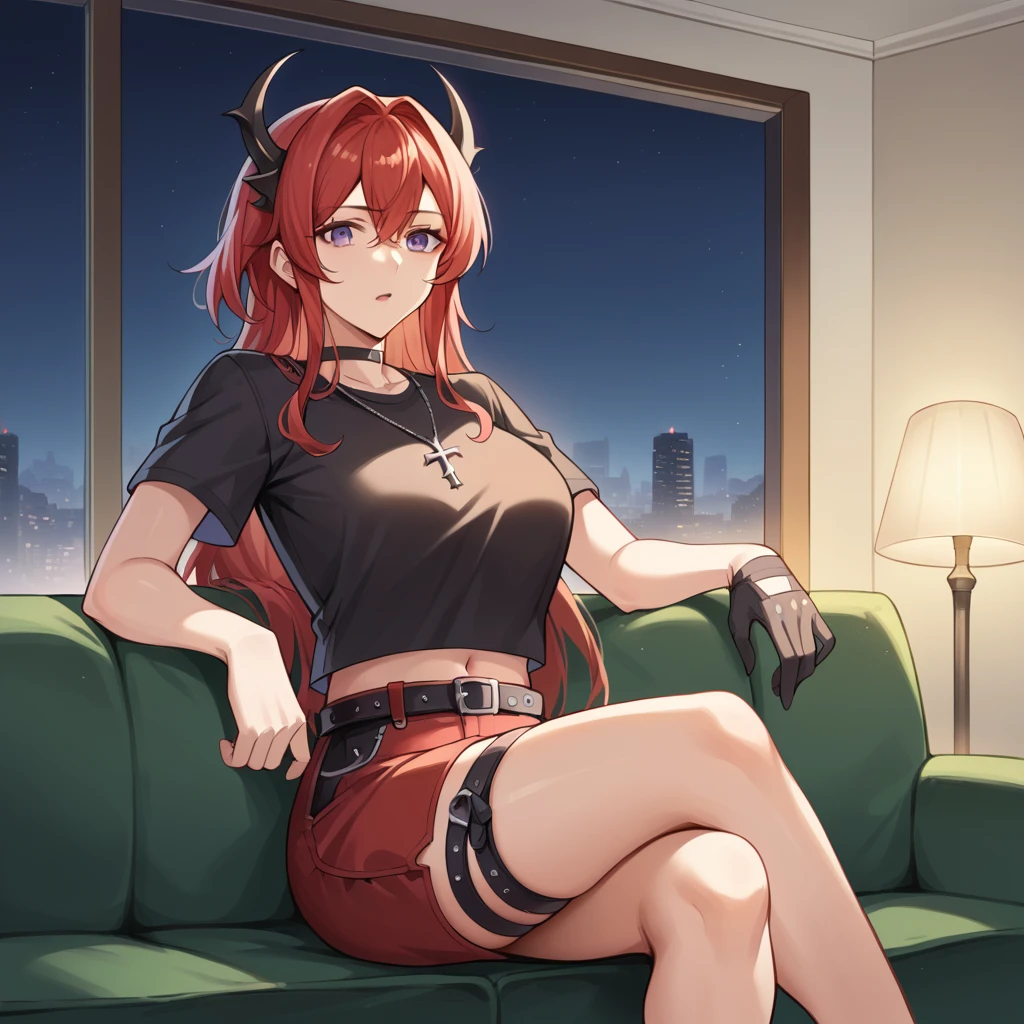 score_9_up, score_8_up, score_7_up, source_anime, masterpiece, best quality, 1girl, solo, Surtr, Sur_Casual, night time, cityscape, window, ceiling lamp, sitting on couch, spread arm rest, crossed legs, looking at you, bored, open mouth, face focus, food, utensils, demon horns, purple eyes, red hair, long hair, red miniskirt, red skirt, thigh strap, black shirt, crop top, short sleeves, black choker, black belt, midriff, navel, cross necklace, black gloves, single glove, mature body, dynamic cowboy shot, indoors, cafe background