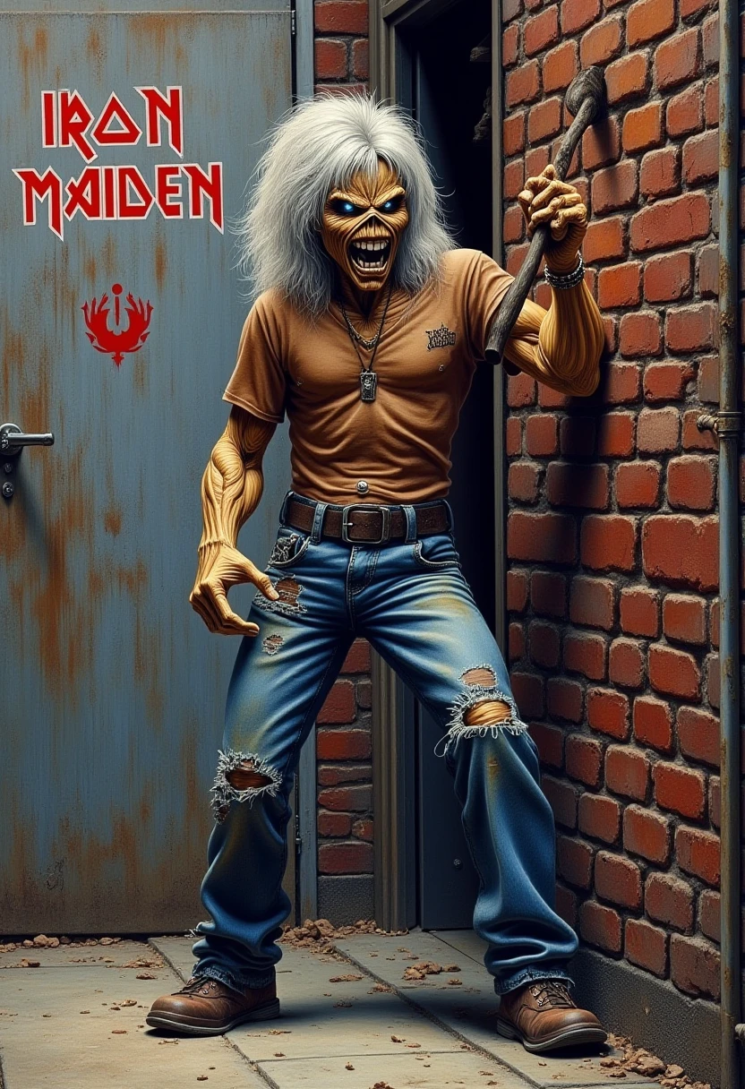 old, traditional media, Eddie, dressed in ripped dirty jeans and t-shirt. Holding an axe. Wild grey hair. Crazy smile. In A back alley "Iron Maiden" spray painted on a brick wall