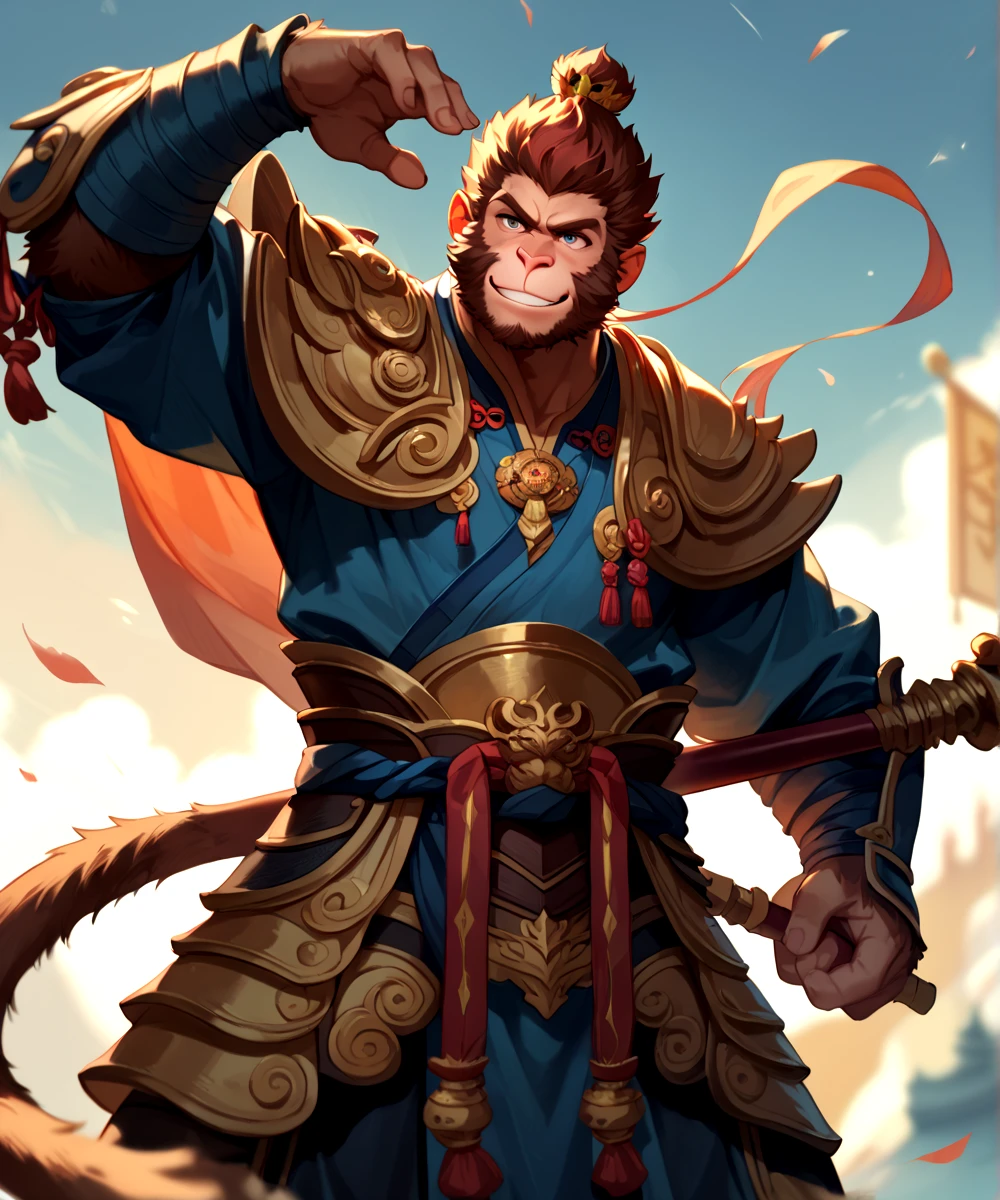 score_9, score_8_up, score_7_up,
<lora:Wukong_(Black_Myth_Wukong)_(Pony)_(AD):1> Wukong, Black Myth Wukong, monkey, monkey king,
8K, In'ei, hiaroscuro, depth of field, rim lighting, masterclass color theory, depth of field, clear_eyes,
perfect hands, perfect proportions, 
brash smile, alluring eyes, hero, flawless, benchmark of manly perfection, intricately detailed anime style background, sexy, dashing, handsome, anime monkey face, smooth skin, fur, furry body, monkey face, monkey nose, mythical armor, noble and majestic, clever and playful, dynamic idle pose, ((cowboy shot, ):1.5), 
BREAK zPDXL, zPDXLxxx,