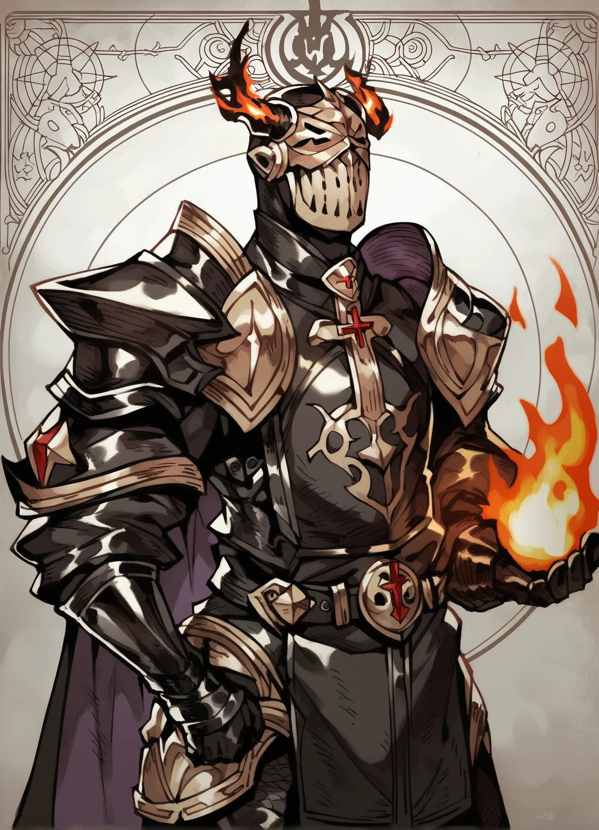 score_9, score_8_up, score_7_up, score_6_up, score_5_up, burning, vocidcharcard, 1boy, full armor, mask, holding purple ball, covered face, black armor, , burning clothes, cross, fire everywhere, latin number six, black clothes, solo, scales, covered eyes