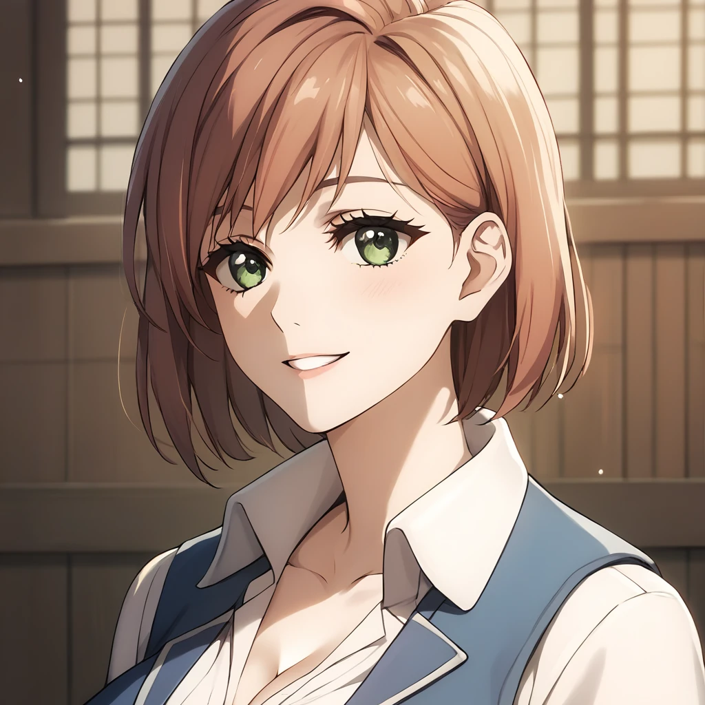 alisa_granger, short hair, brunette hair, bangs, large breasts, white collar shirt, blue vest, cleavage, portrait, close up, seductive smile<lora:XL-AlisaGranger:1>, score_9, score_8_up, score_7_up, score_6_up, source_anime,