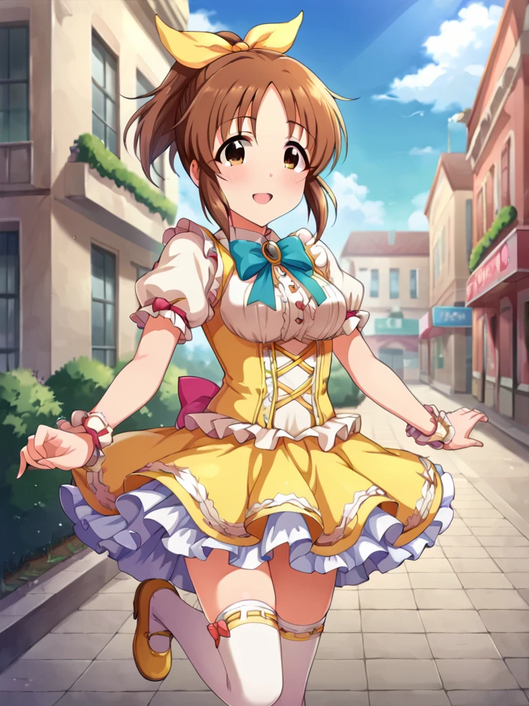 <lora:Abe_Nana-62:0.5>abe nana, brown hair, brown eyes, ponytail,idolmaster cinderella girls,
white_dress,frills, frills_dress,yellow and white color-block dress,underbust,yellow_skirt,white thighhighs, 
BREAK score_9, score_8_up, score_7_up, BREAK,source_anime, best quality, masterpiece, uncensored,zPDXLpg, clear_eyes,anime screencap,official art,
outdoors,