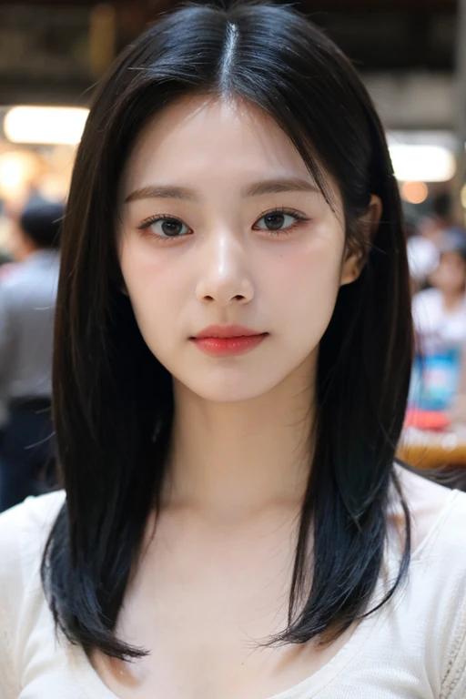 masterpiece, best quality, ultra-detailed, ultra high res, (photorealistic:1.4), raw photo, (realistic:0.2), 8k HDR, realistic lighting, looking at viewer, 1girl, solo, asymmetrical hair, outdoor, (traditional market:1.2), (day), bokeh, (detailed lips), (detailed pores), (detailed skin textures), (detailed face:1.2), (body:1.2), a woman in a cardigan, cowboy shot,