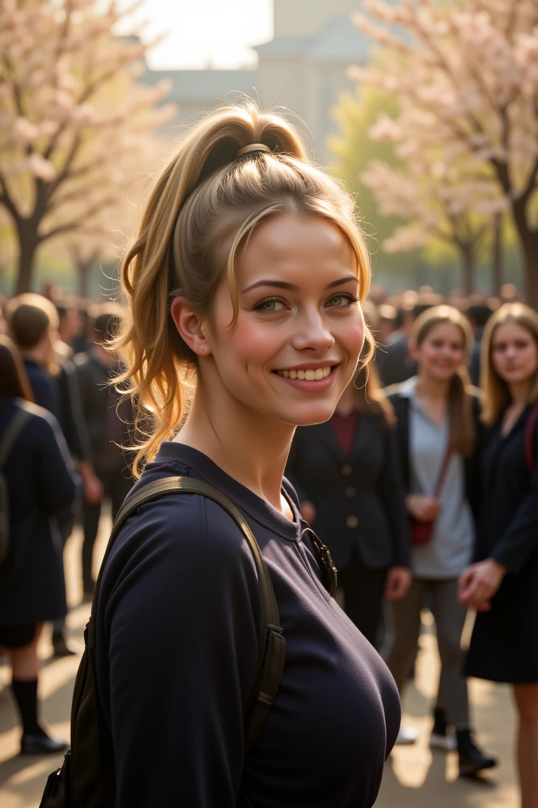 Busty Guin as a student, ponytail, university, campus, students in background, soft light, springtime