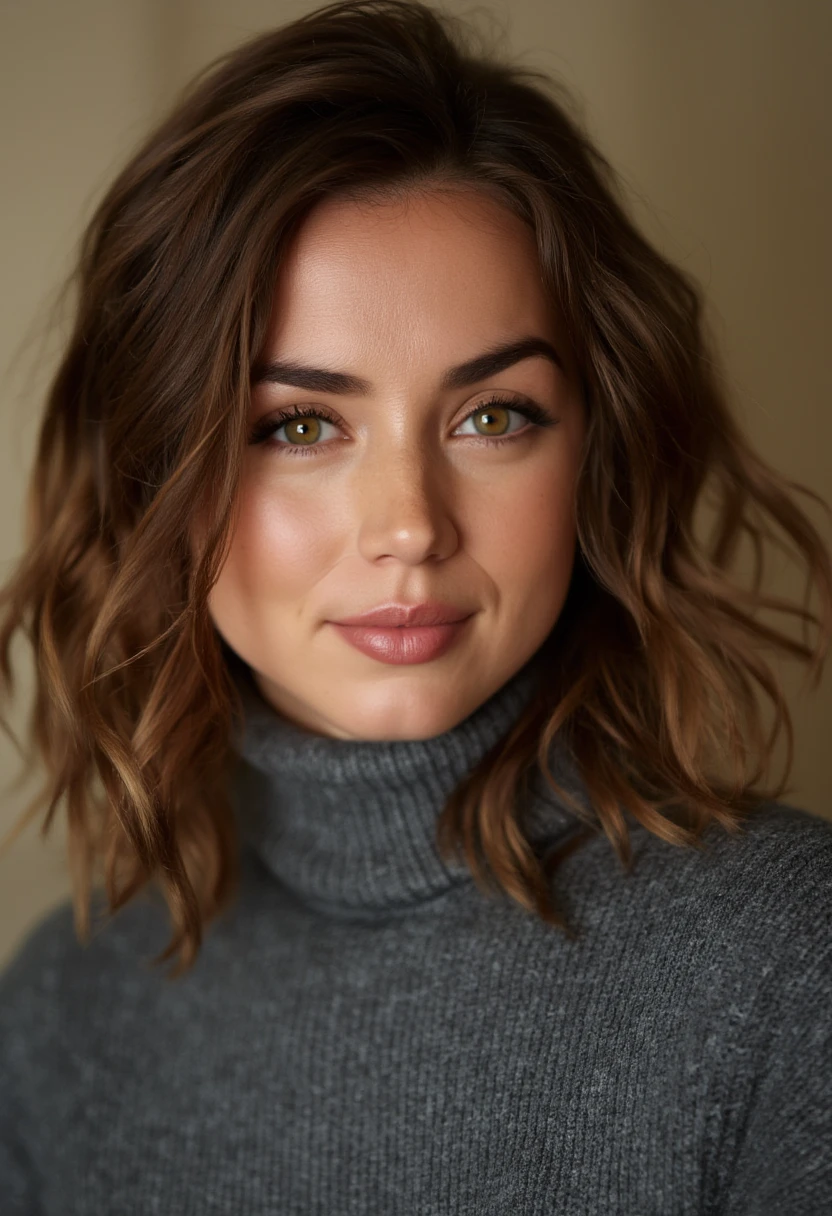 Ana de Armas is captured in a professional close-up portrait indoors, wearing a cozy grey turtleneck sweater. The lighting is warm and softly diffused, highlighting her features and creating a gentle glow on her face. The background is a neutral, blurred tone, allowing her vibrant hair and expressive eyes to stand out. Her expression is relaxed and inviting, with a slight smile that brings warmth and elegance to the image