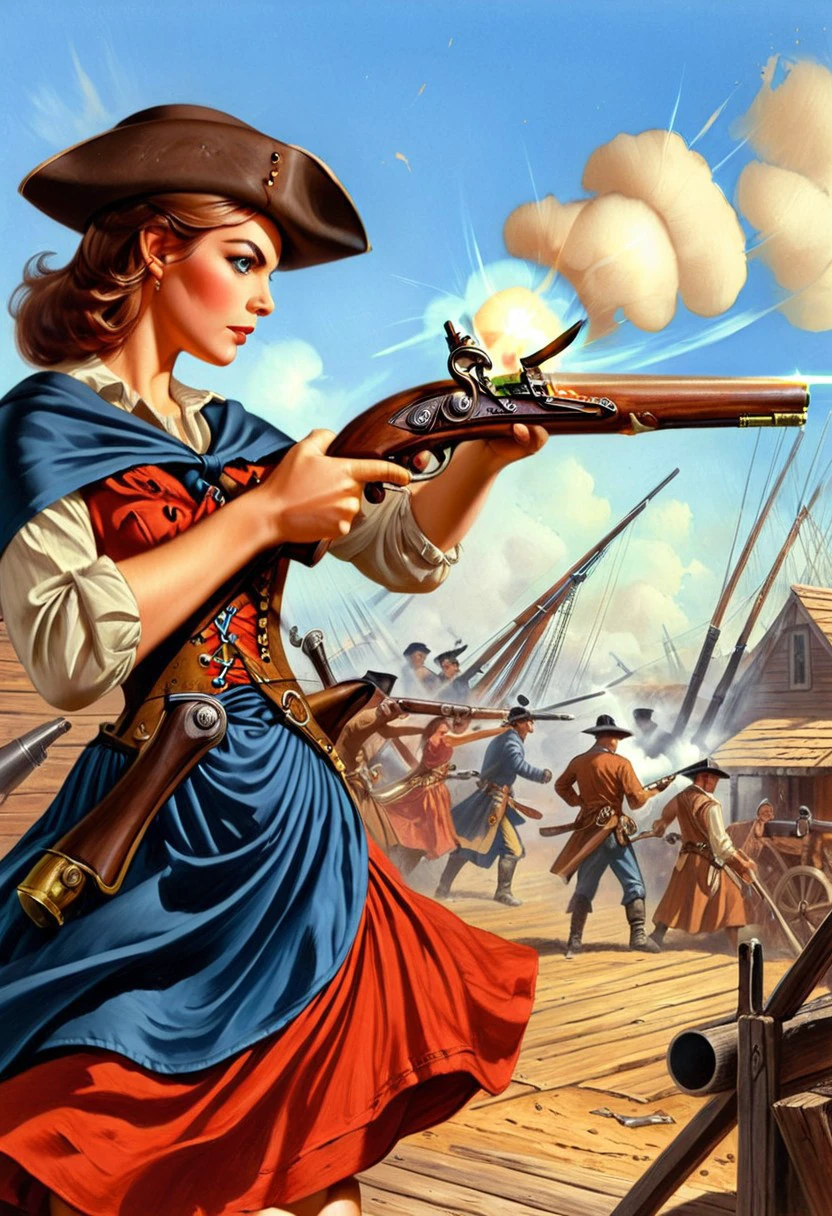 pulp cover art, a girl wearing plain colonial style dress firing a flintlock pistol, wide angle shot