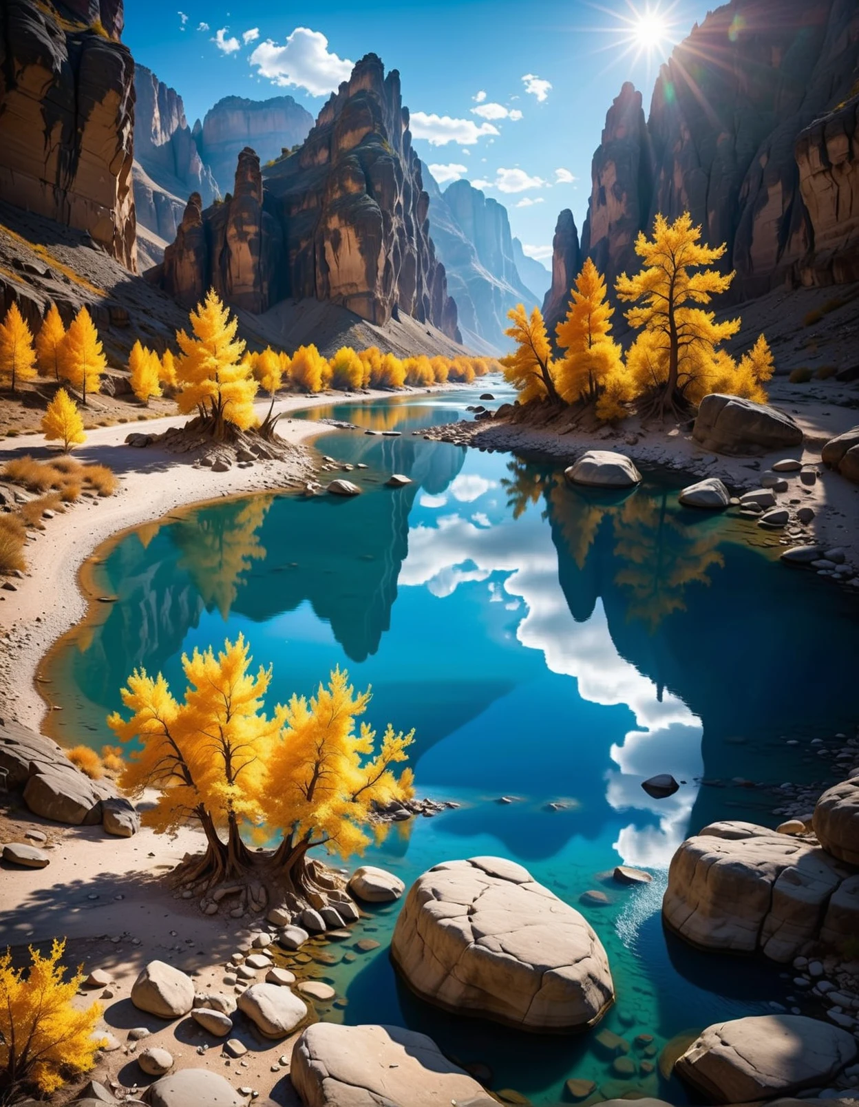 A breathtaking and surreal landscape featuring a deep canyon with towering, jagged cliffs on either side. The scene is illuminated by a bright, midday sun shining through a partially cloudy sky, casting dramatic shadows across the rocky terrain. A pristine, reflective river winds through the canyon, its surface mirroring the vibrant blue sky above. The water is crystal clear, with electric blue lightning-like reflections dancing across it, creating a magical and otherworldly effect. Along the riverbank, a few gnarled, golden-leaved trees stand resiliently among the rocky outcrops, adding a touch of warmth to the cool tones of the scene. The overall atmosphere is awe-inspiring, with a sense of both serenity and mystical energy. <lora:BDetailedv4:0.7>