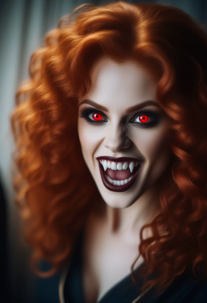 cinematic film still of  mistress of the night. 
From above,vampire woman with red hair, scary, thriller, horror style, gothic movie themed, sharp, detailed, epic cinematic photography, artistic, creative, dramatic light, cinematic color style, Kodak film style, vampire fangs teeth style, vampire teeth style, vampire fangs style, 1girl, solo, long hair, looking at viewer, smile, red curly hair, holding, teeth, realistic, dark, golden eyes, upper body, vampire pale skin color, shallow depth of field, vignette, highly detailed, high budget, bokeh, cinemascope, moody, epic, gorgeous, film grain, grainy, candles