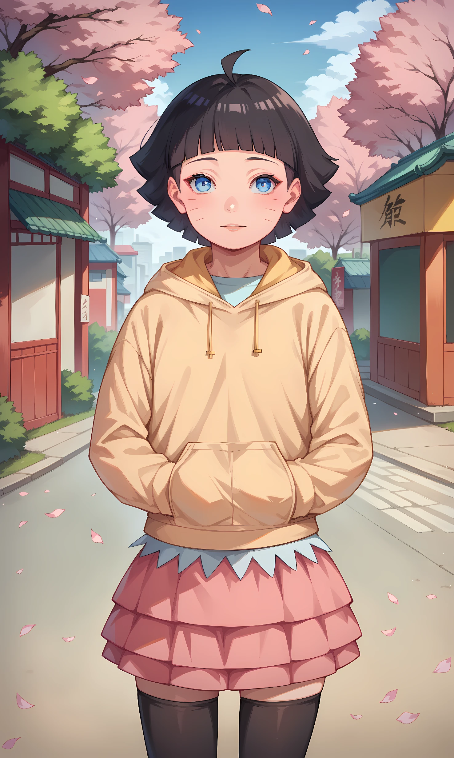 score_9, score_8_up, score_7_up, BREAK source_anime, 1girl, solo, outdoors, street, cherry blossoms, cowboy shot, standing, looking at viewer, himawari, blue eyes, black hair, short hair, blunt bangs, facial mark, whisker markings, ahoge, yellow hoodie, long sleeves, (pink skirt:1.3), black thighhighs 