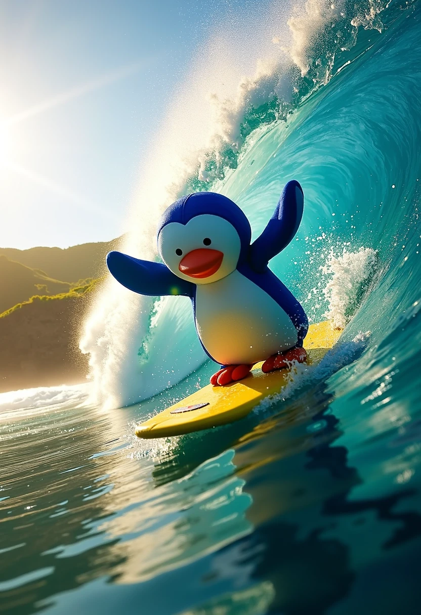 A vibrant, action-packed photo of a blue toy penguin surfing a massive wave off the coast of Maui. The penguin is balancing skillfully on a bright yellow surfboard, its wings outstretched for balance as the wave curls behind it. The sun is shining brightly, casting a golden glow over the crystal-clear water, while the lush green hills of Maui are visible in the background. The penguin’s expression is one of pure joy as it rides the wave, with droplets of water spraying up around it, capturing the thrill of the moment.
