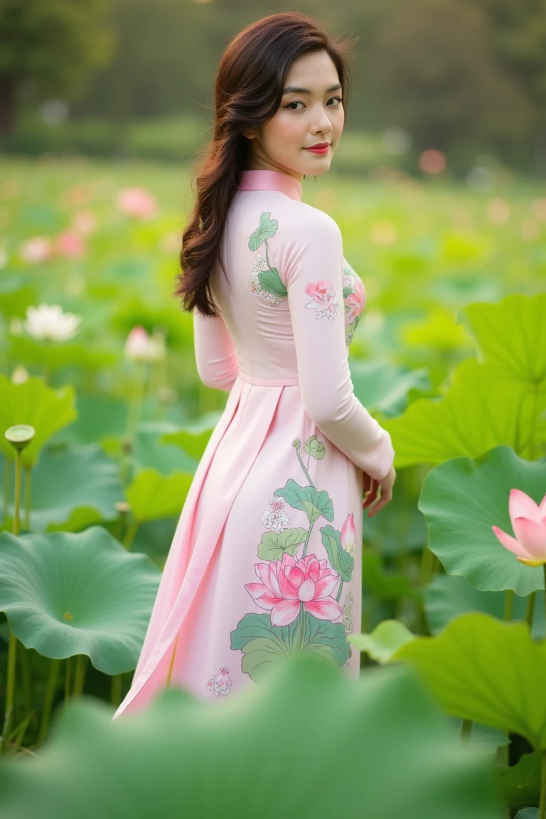 A Vietnamese girl stands elegantly in a lotus-themed ao dai, long sleeves, the delicate floral patterns flowing across the silky fabric in shades of soft pinks and whites. The lotus flowers, symbolizing purity and grace, are beautifully detailed on the dress, contrasting against the deep green leaves that run along the length of the ao dai. Her long, dark hair falls naturally down her back, and she holds a gentle, serene expression that radiates calm confidence. She is positioned in a tranquil garden surrounded by lush lotus ponds, with the flowers in full bloom. The soft, diffused light of the late afternoon bathes her in a warm, golden hue, enhancing the gentle, feminine atmosphere. The shot is captured from a medium angle, emphasizing the flow of the dress and the natural beauty of the setting. The overall mood is poetic and graceful, blending the symbolism of the lotus with the elegance of traditional Vietnamese culture.