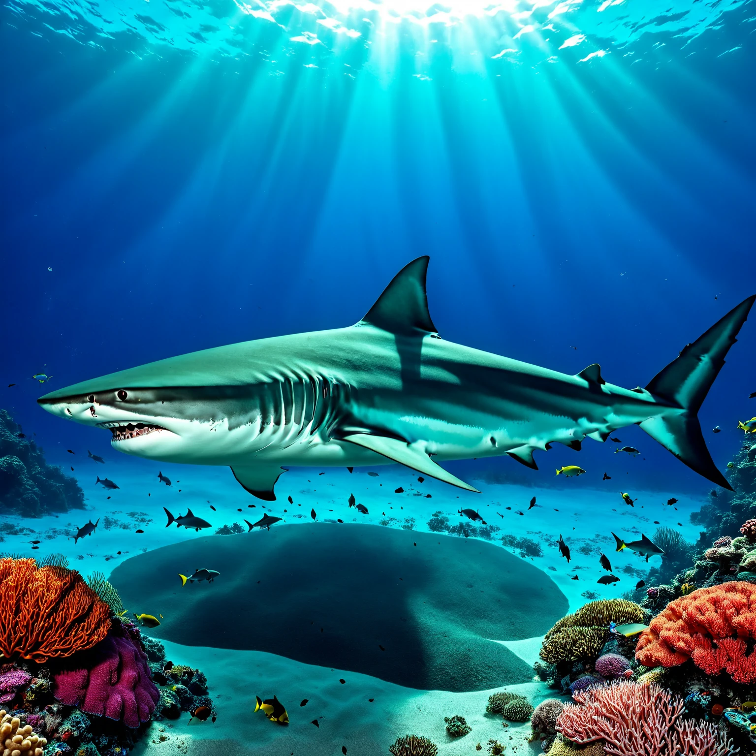 underwater, shark, sand, coral, fish, <lora:The_Deep_Dark_Ocean-sdxl:1>, deepdarkocean, best quality, masterpiece, 4k, uncensored, prefect lighting, rating_explicit, very aesthetic, detailed, <lora:add_details_xl:0.6>, very detailed, <lora:SDXLHighDetail_v5:0.6>